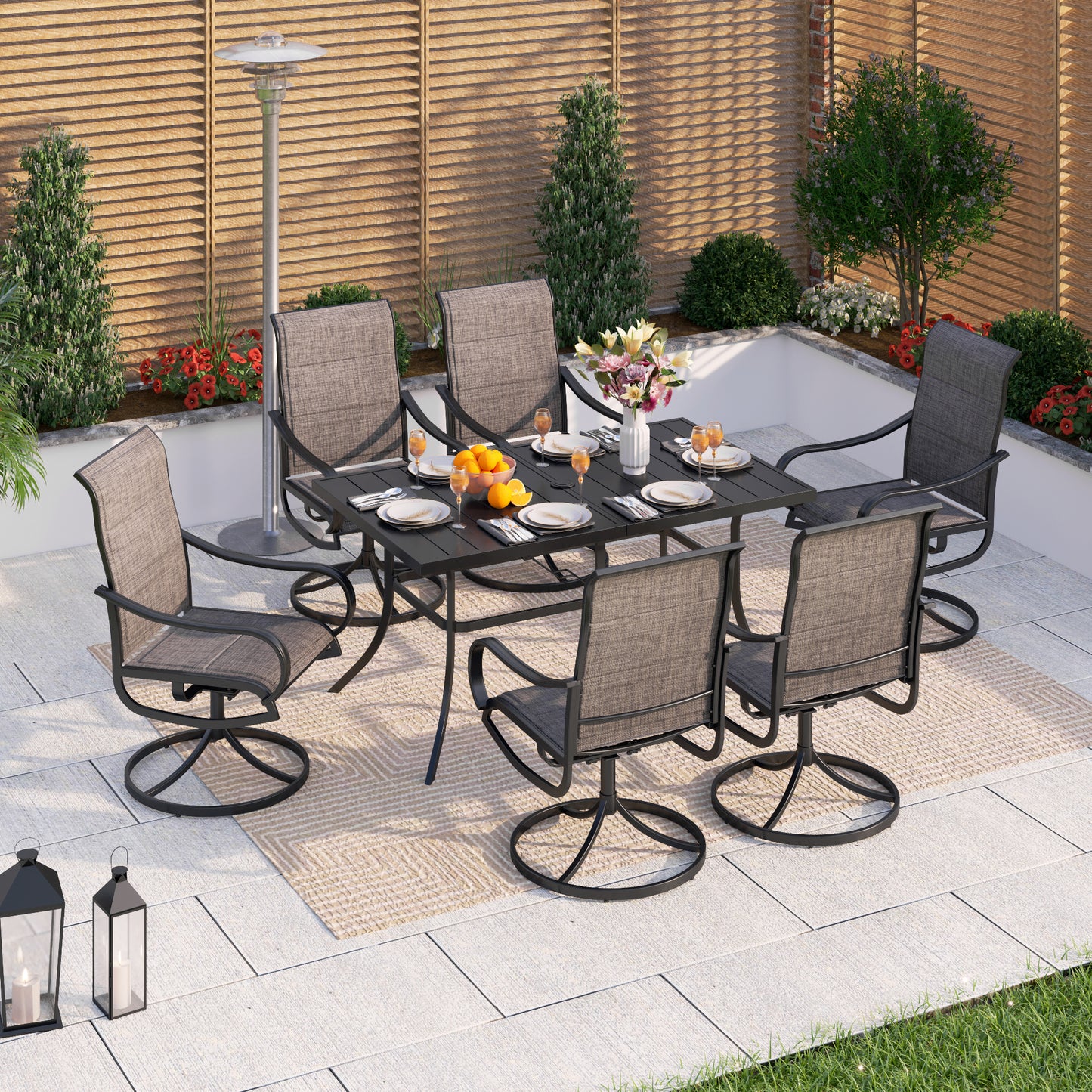 Captiva Designs 7pc Outdoor Patio Metal Rectangle Dining Table & Textilene Swivel Chairs