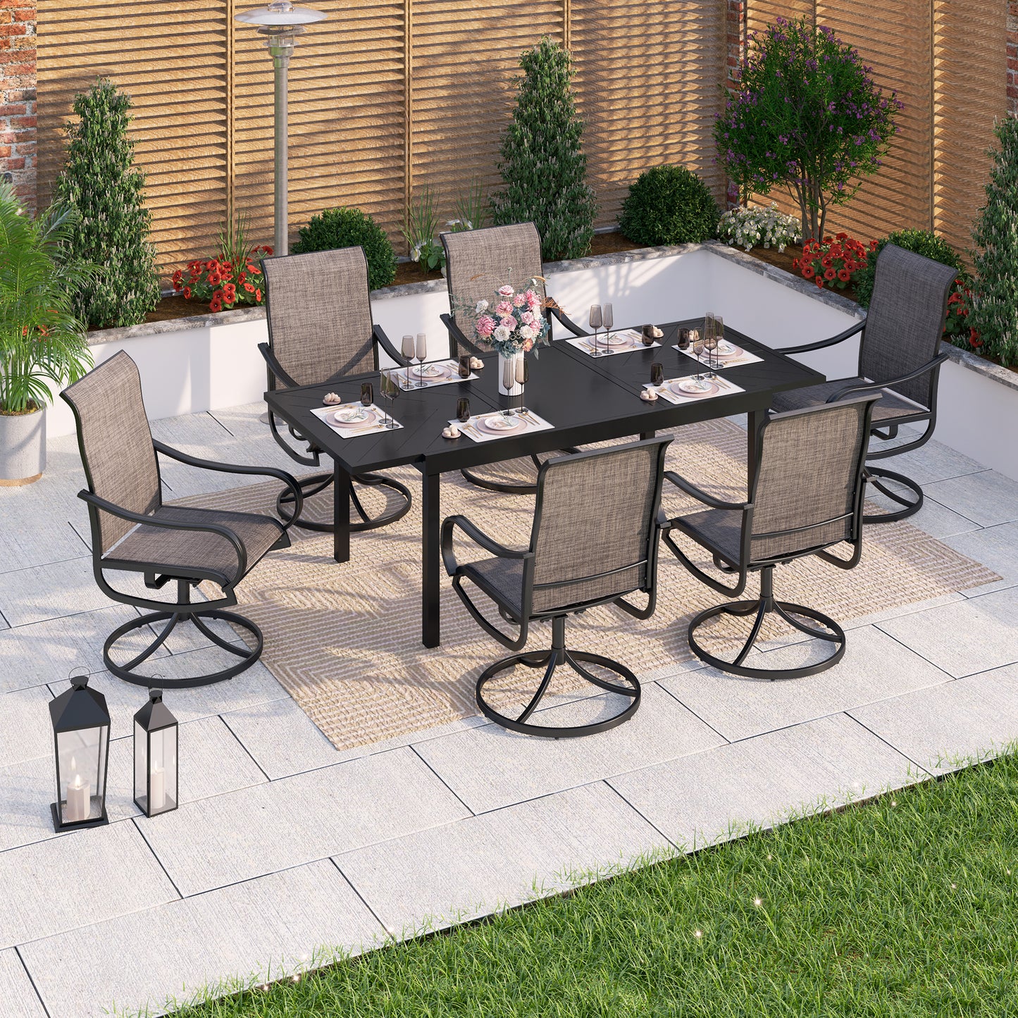 Captiva Designs 7pc Outdoor Patio Rectangle Metal Dining Table & Grayish Brown Textilene Swivel Chairs