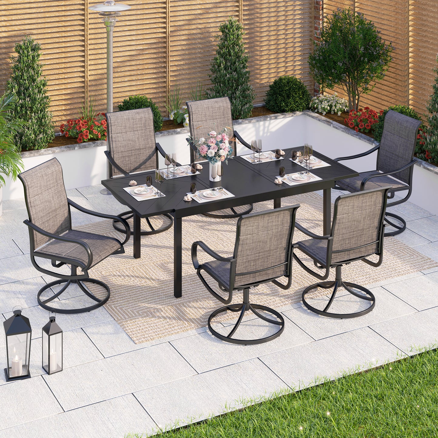 Captiva Designs 7pc Outdoor Patio Rectangle Metal Dining Table & Grayish Brown Textilene Swivel Chairs