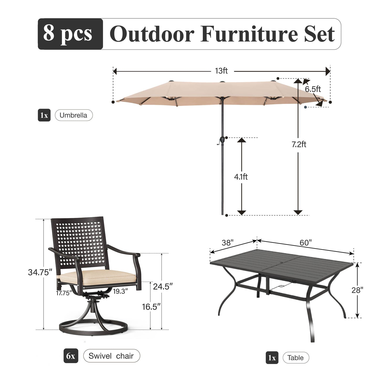 Captiva Designs 8pc Patio Slat-top Dining Steel Table & Stackable Steel Chairs & Market Umbrella