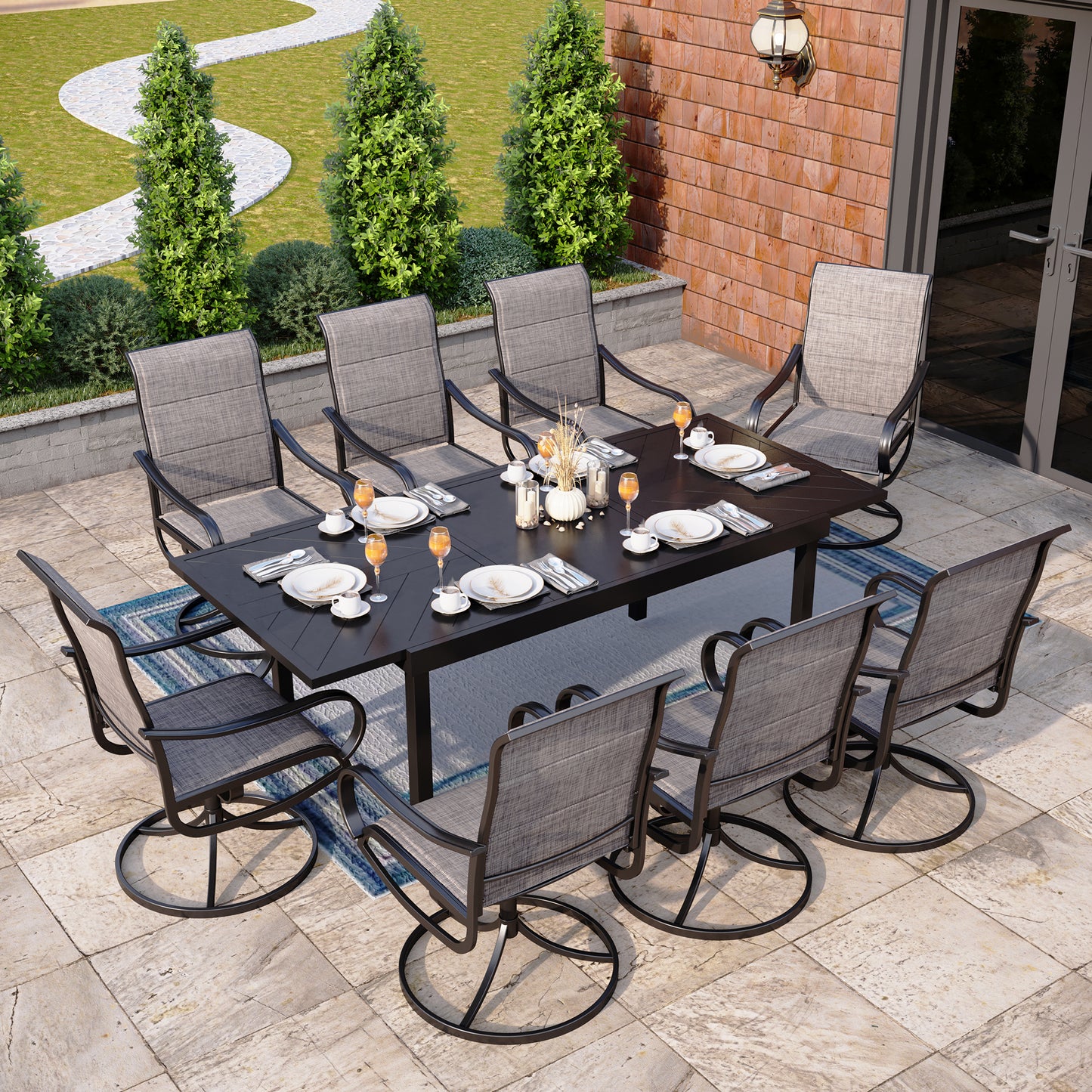 Captiva Designs 9 件套露台餐厅几何图案可伸缩钢制长方形桌子和 Textilene 旋转椅