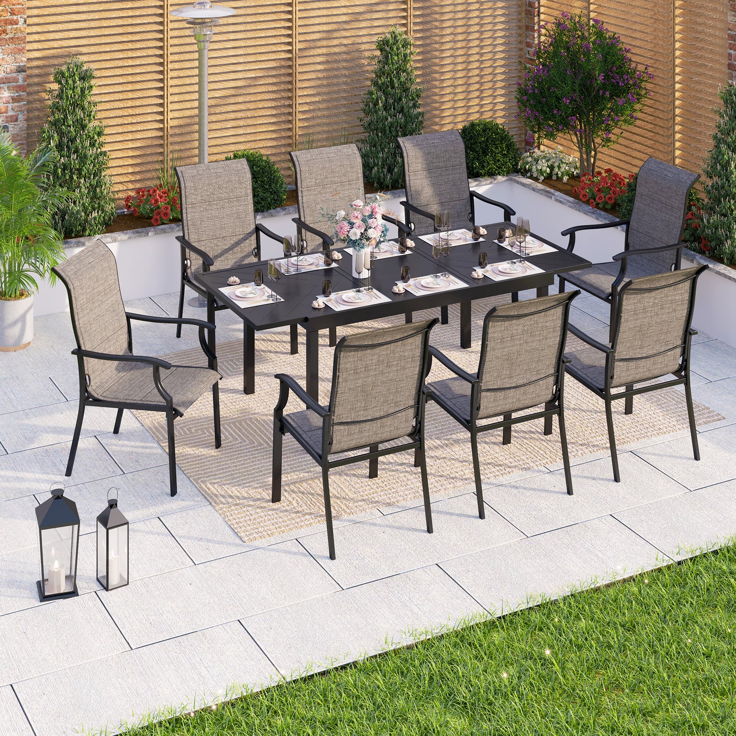 Captiva Designs 9pc Patio Spacious Black Steel Dining Table & High Back Padded Grayish Brown Sling Armrest Chairs