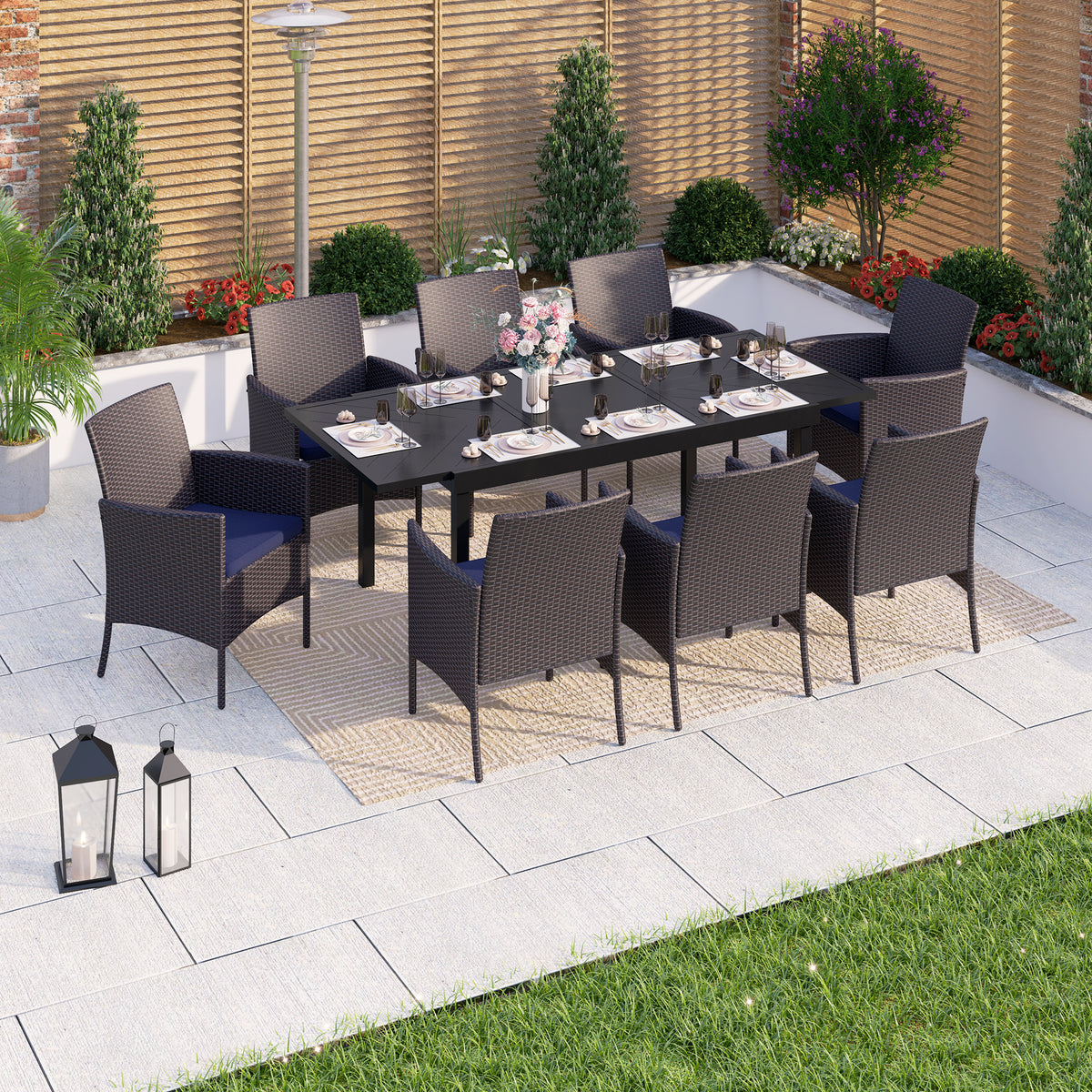 Captiva Designs 9pc Patio Rectangle Expandable Metal Dining Table & Rattan Chairs with Removable Cushions