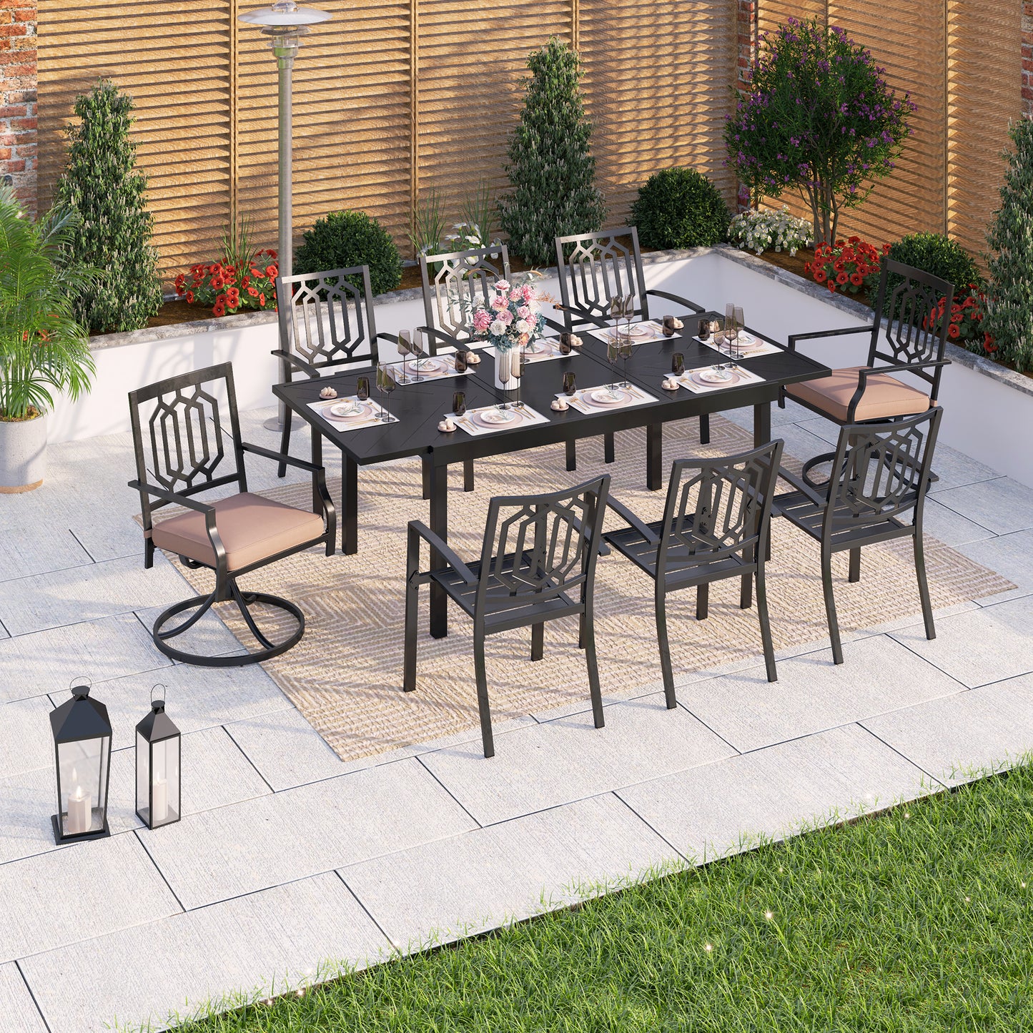 Captiva Designs 9 件套露台餐厅几何图案可伸缩钢制长方形桌子和金属可堆叠椅子