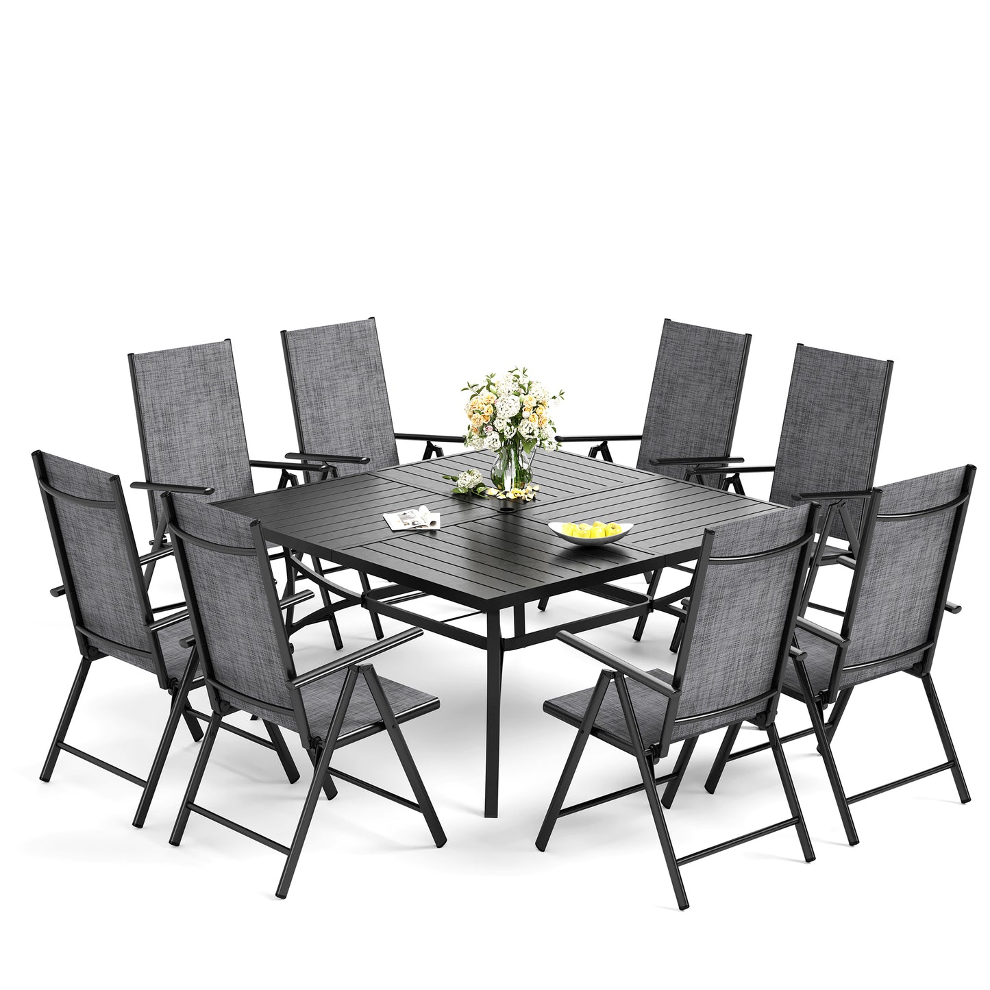 Captiva Designs 9pc Spacious Slat-top Square Metal Table with Umbrella Hole & Reclining Foldable Sling Chairs