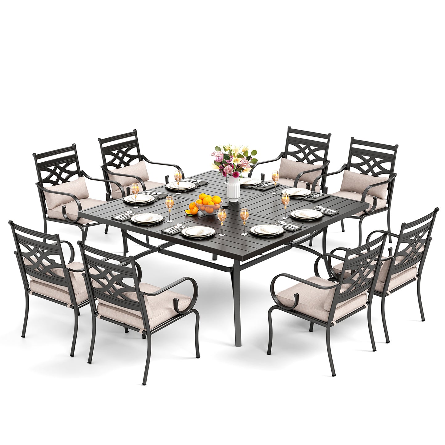 Captiva Designs 9 件套宽敞方形金属板顶桌,带伞孔和固定金属椅,带垫子