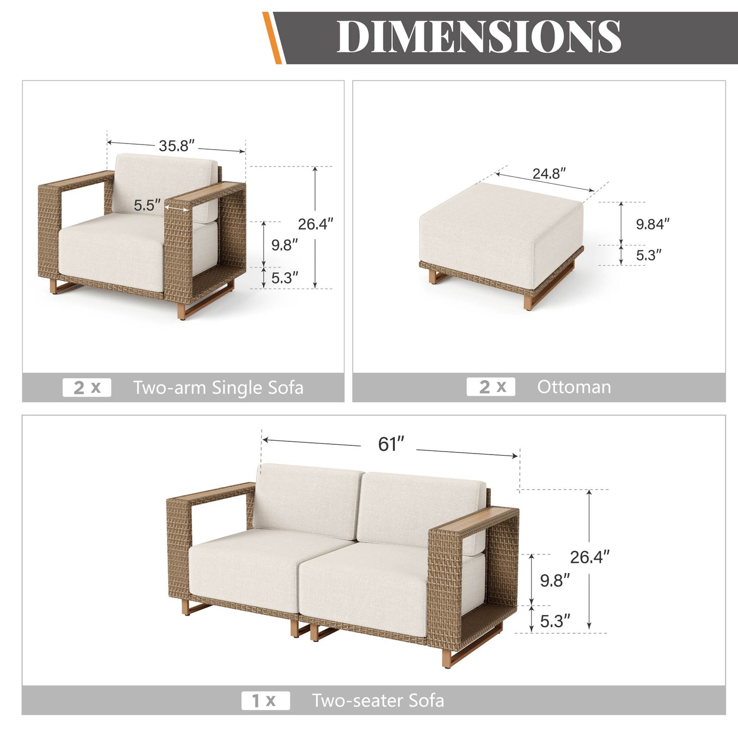 Captiva Designs Outdoor Patio Furniture Sectional Wicker Sofa Conversation Set with 9.8 Inch Thick Cushions
