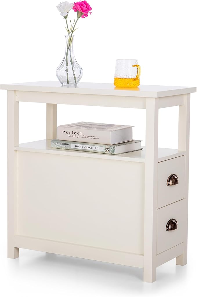 MAISON ARTS Narrow End Table with 2 Drawers and Storage Shelf Nightstand Side Table Bedside Table Small Sofa Table for Living Room Bedroom Ivory