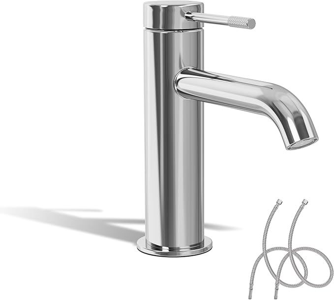 ALPHA HOME Wasserhahn Bad, Waschtischarmatur mit Anschlussschlauch Waschbecken Armaturen Chrom Matt - Edelstahl Wasserarmatur mit Auslauf Höhe 86 mm für Gäste WC, Wasserhahn für Badezimmer