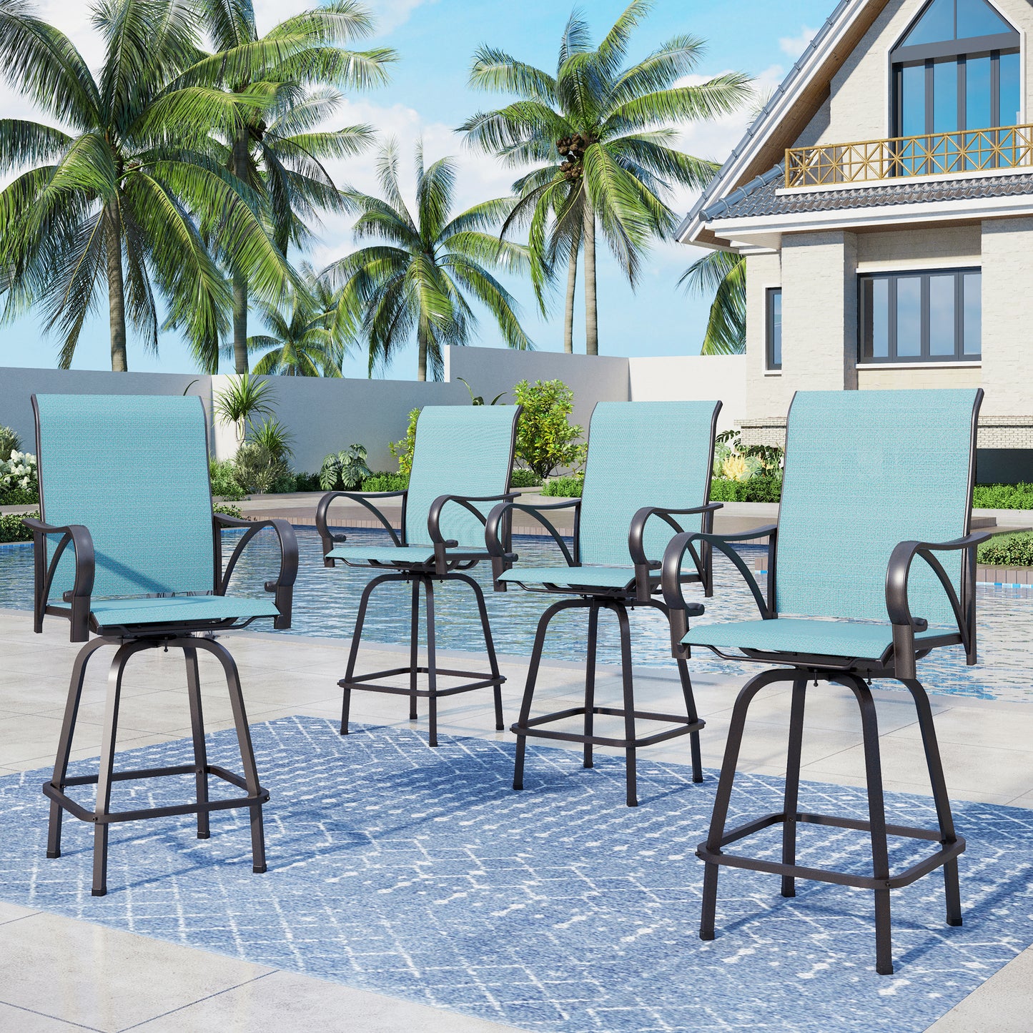 Captiva Designs Outdoor Patio Breathable Textilene Sling High Bar Steel Stools with Stylish Armrests