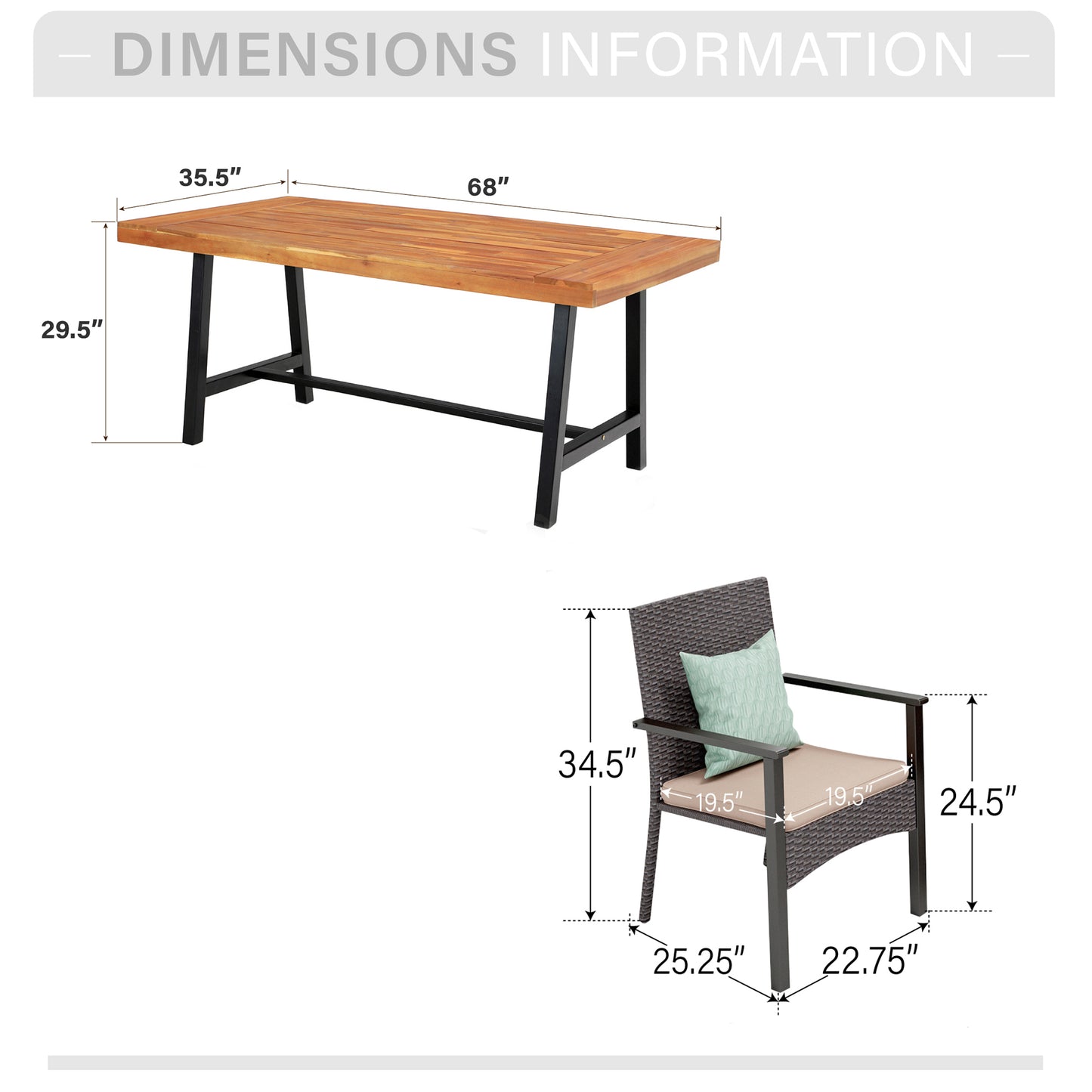 Captiva Designs 7Pc Patio Dining Oil Finished Tabletop Acacia Wood Table & Rattan Chairs