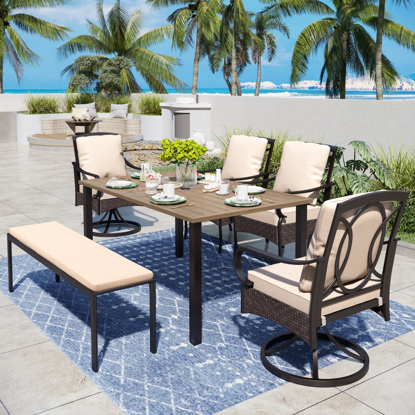 Captiva Designs Outdoor Taupe Wood-look Rectangle Steel Dining Table & Rattan Metal Arm Chairs