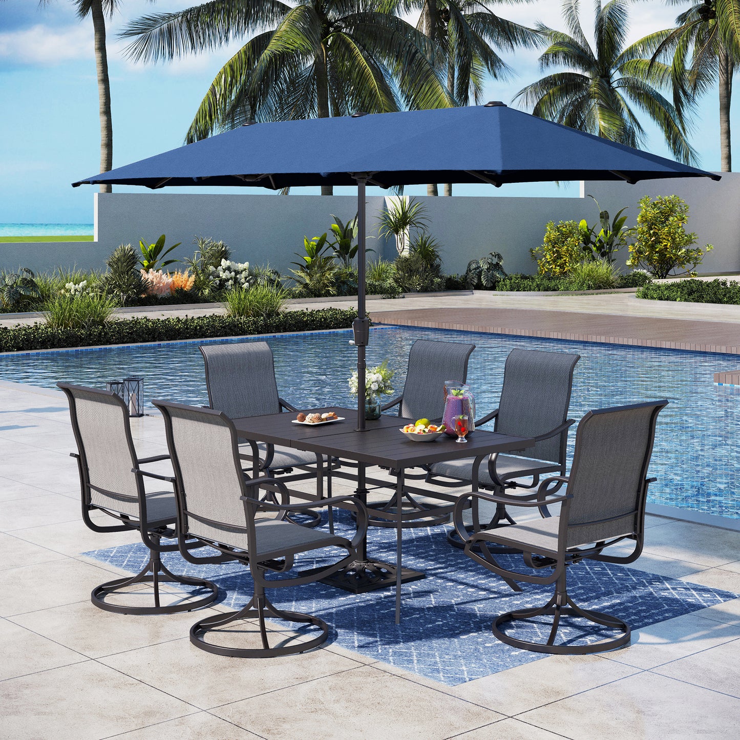 Captiva Designs 8pc Patio Rectangular Steel Dining Table & Sling Swivel Chairs & Market Umbrella