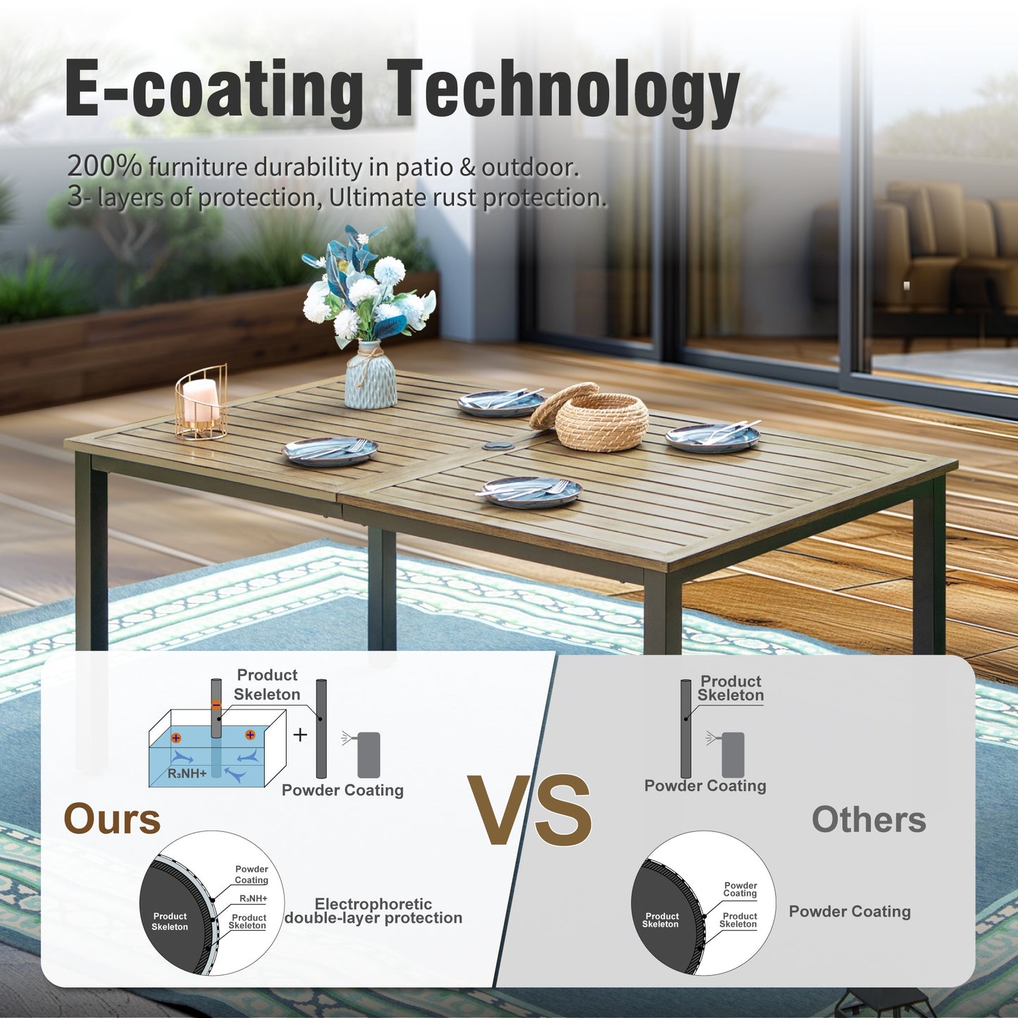 Captiva Designs 7 件套露台餐桌椅套装,配有 U 型腿木质长方形桌子和棕色吊带固定椅子