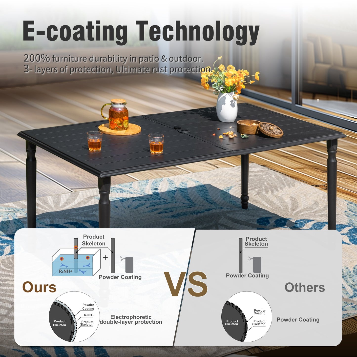 Captiva Designs 7pc Outdoor Patio Slat-top Rectangle Steel Dining Table & Grayish Brown Sling Swivel Chairs