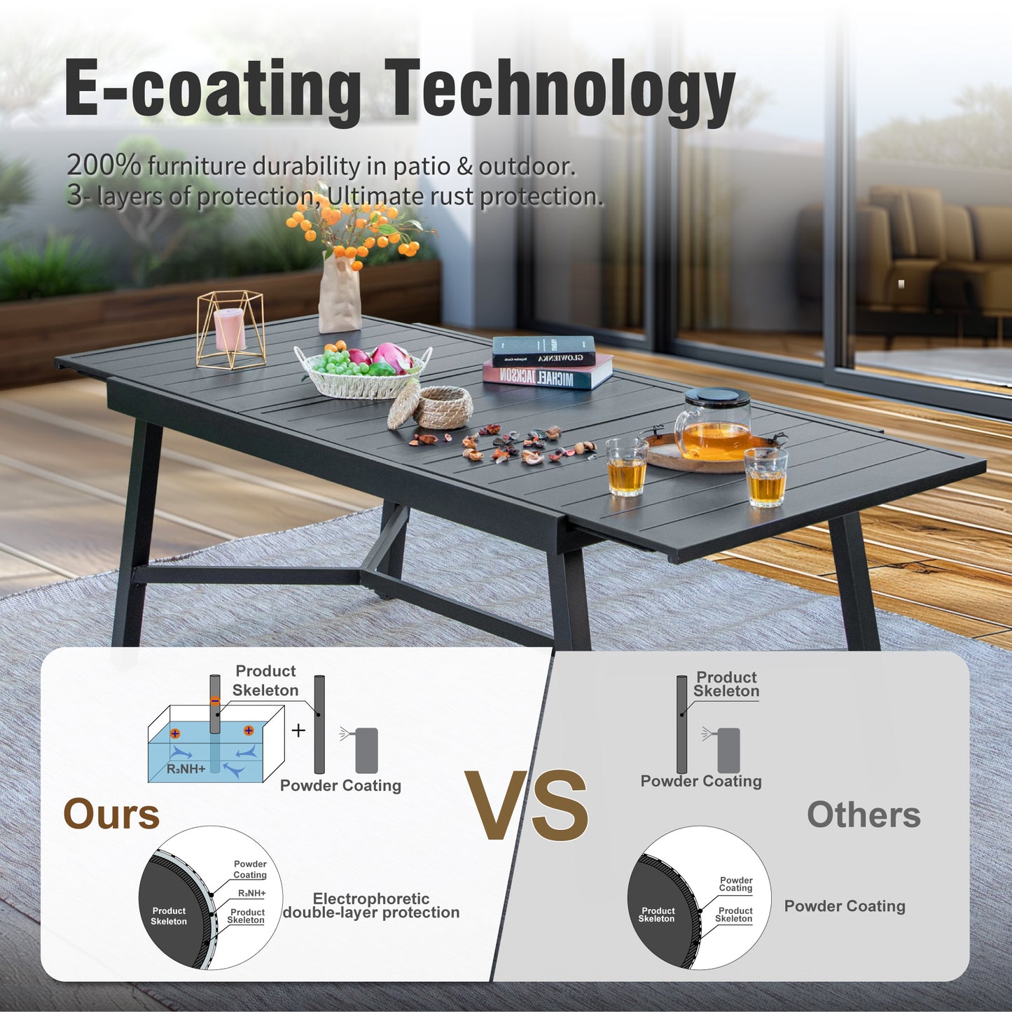 Captiva Designs 9pc Patio Dining Extendable Black Steel Rectangle Table & Textilene Swivel Chairs