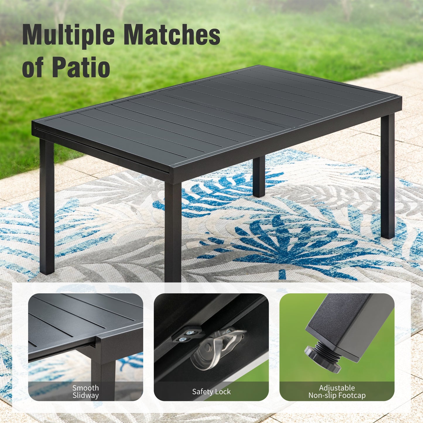 Captiva Designs 7pc Patio Slat-top Rectangle Dining Steel Table & Armrest Metal Chairs
