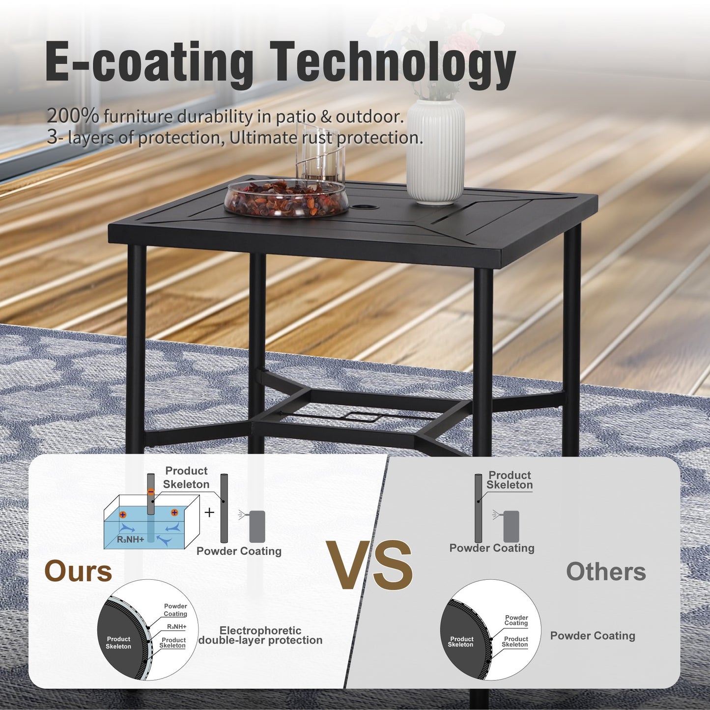 Captiva Designs 3pc Outdoor Patio Geometry Square Steel Bar Table & High Bar Swivel Stools