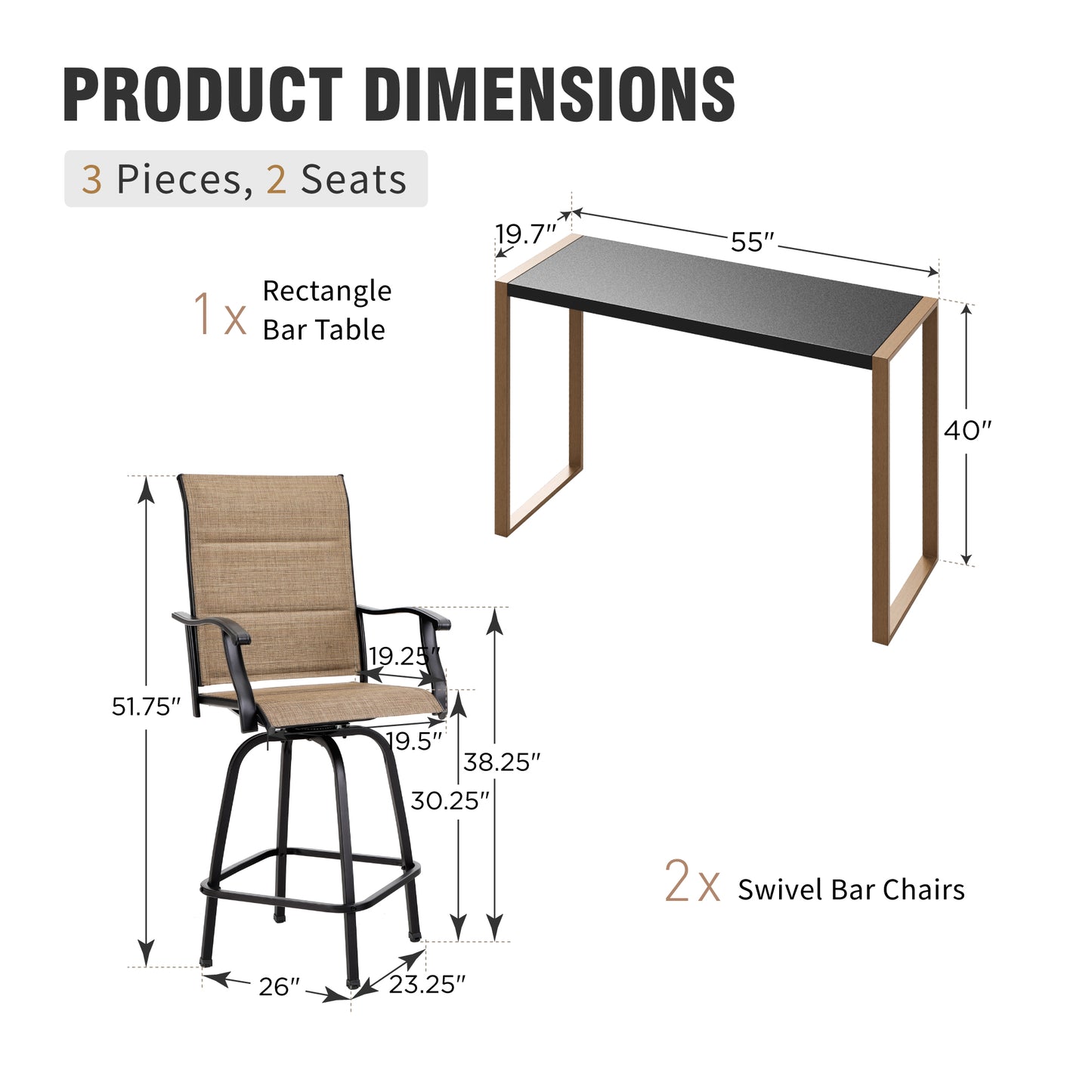 Captiva Designs 3pc Outdoor Dining Rectangle Metal Black Bar Table with U-shaped Legs & Sling Swivel Bar Stools