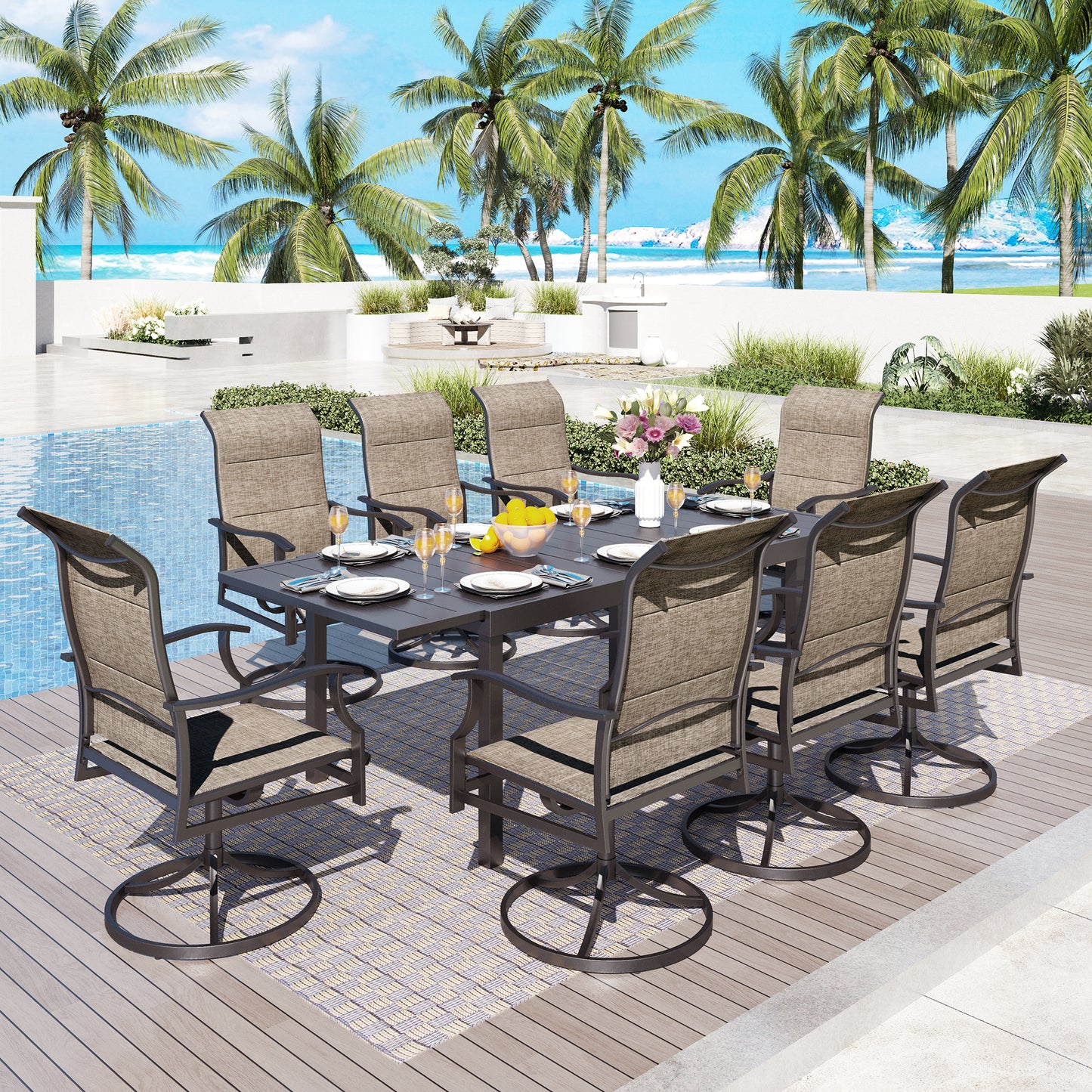 Captiva Designs 9pc Patio Slat-top Metal Dining Table & Grayish Brown Padded Textilene Swivel Chairs