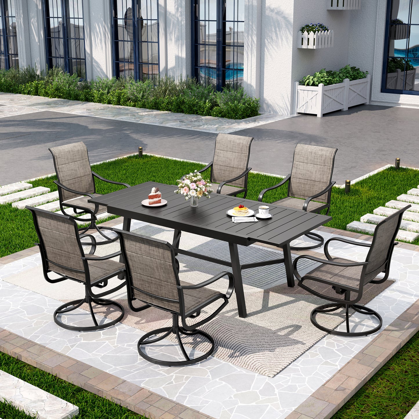 Captiva Designs 7pc Outdoor Patio Metal Rectangle Dining Table & Textilene Swivel Chairs