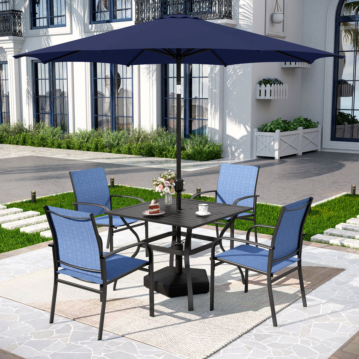 Captiva Designs 6pc Patio Dining Slat-top Steel Table & Aluminum Stackable Chairs & Market Umbrella