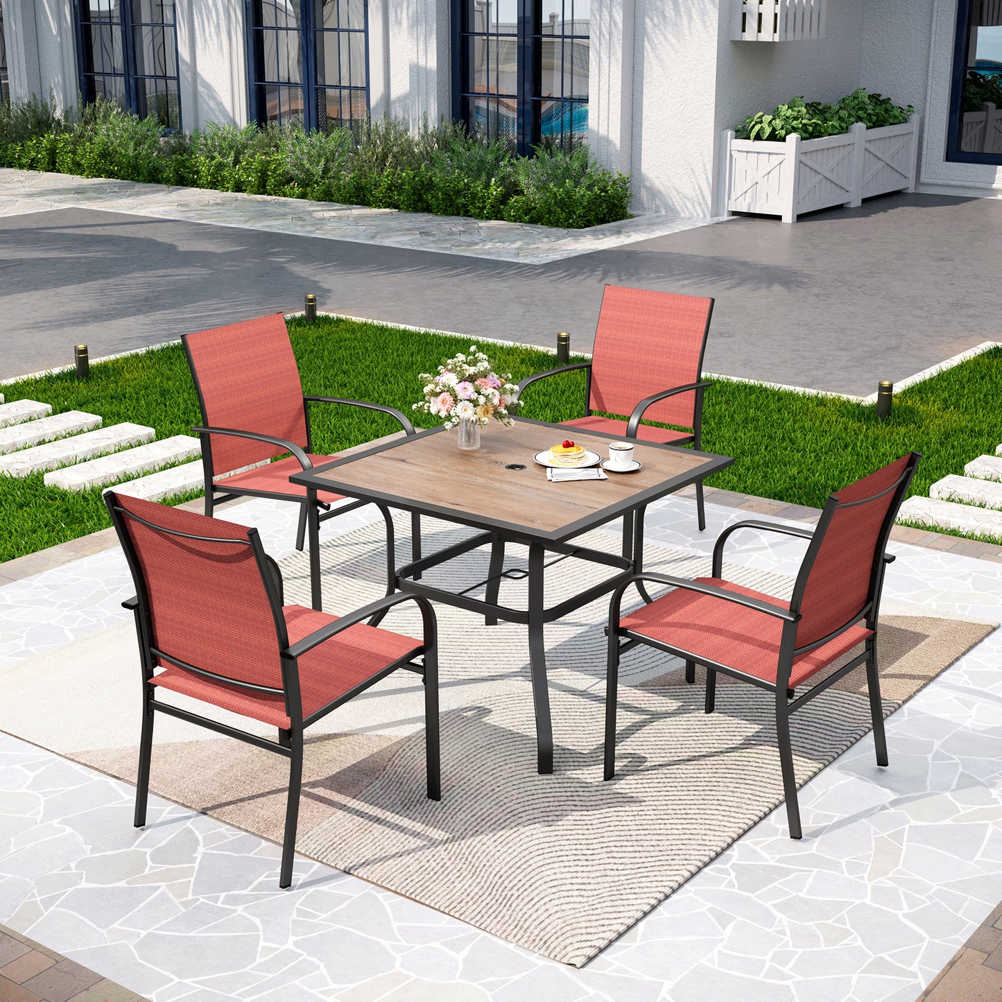 Captiva Designs 5pc Outdoor Patio Dining Set with Steel Frame Table & Quick-dry Sling Fixed Chairs