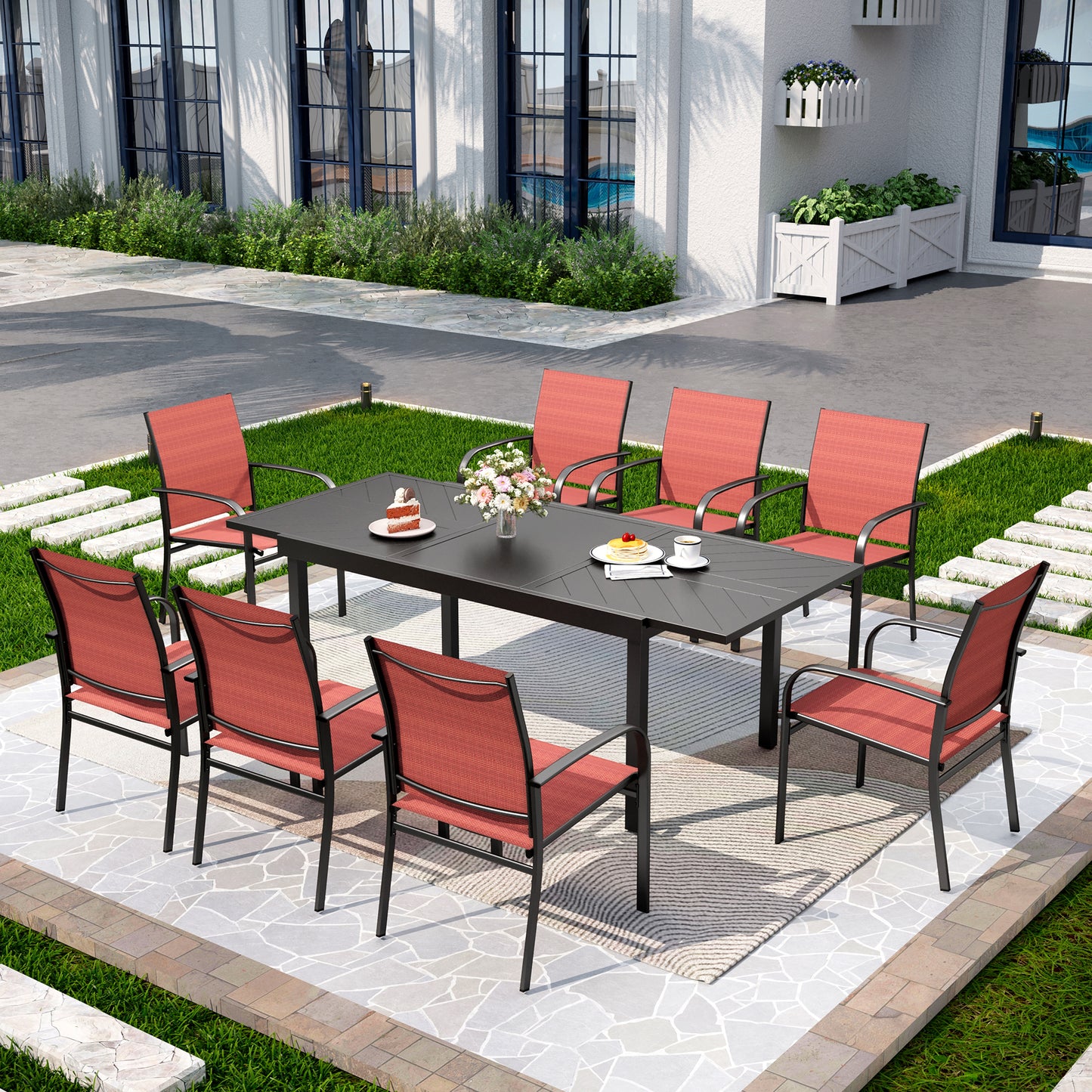 Captiva Designs 9pc Patio Dining Set with Black Expandable Steel Rectangle Table & Sling Fixed Chairs