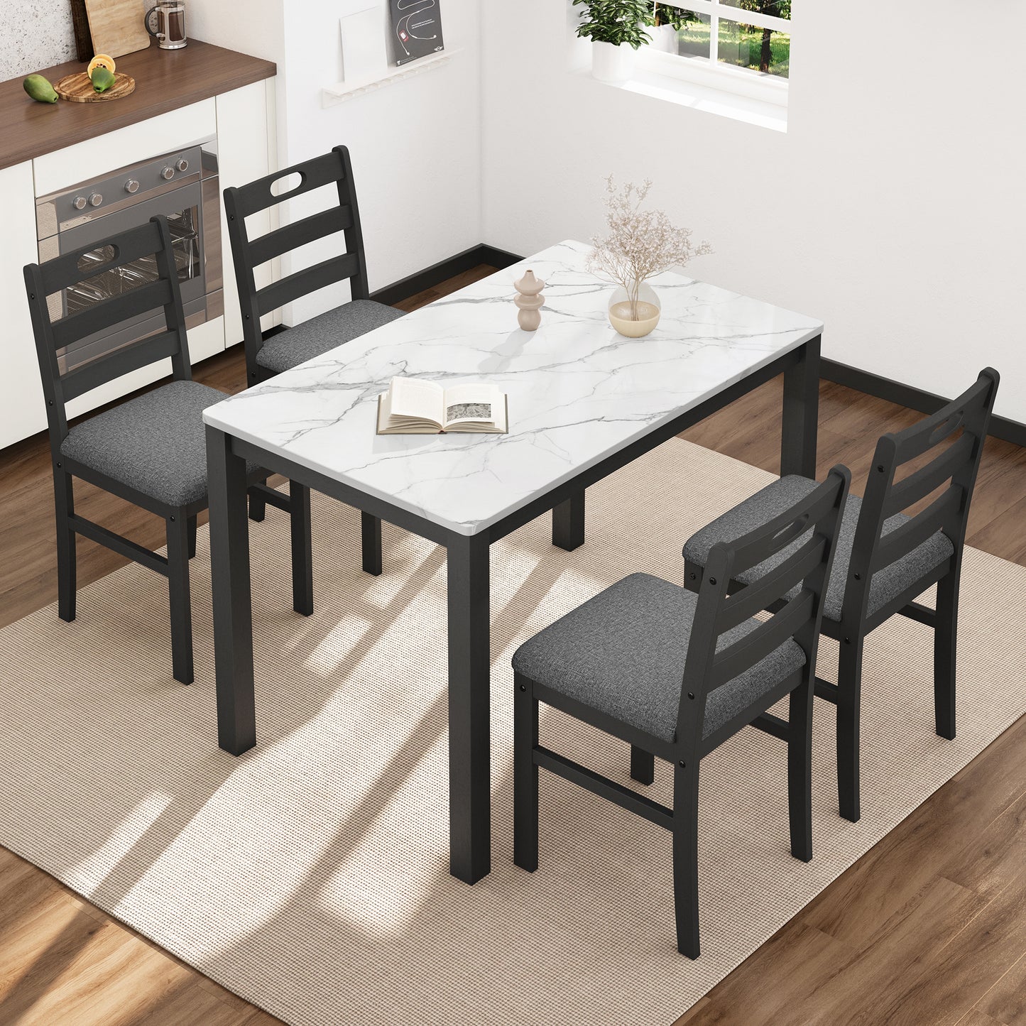 Captiva Designs 5 Pieces Dining Set with Solid Premium Rubberwood Rectangular Table & 4 Comfortable Chairs