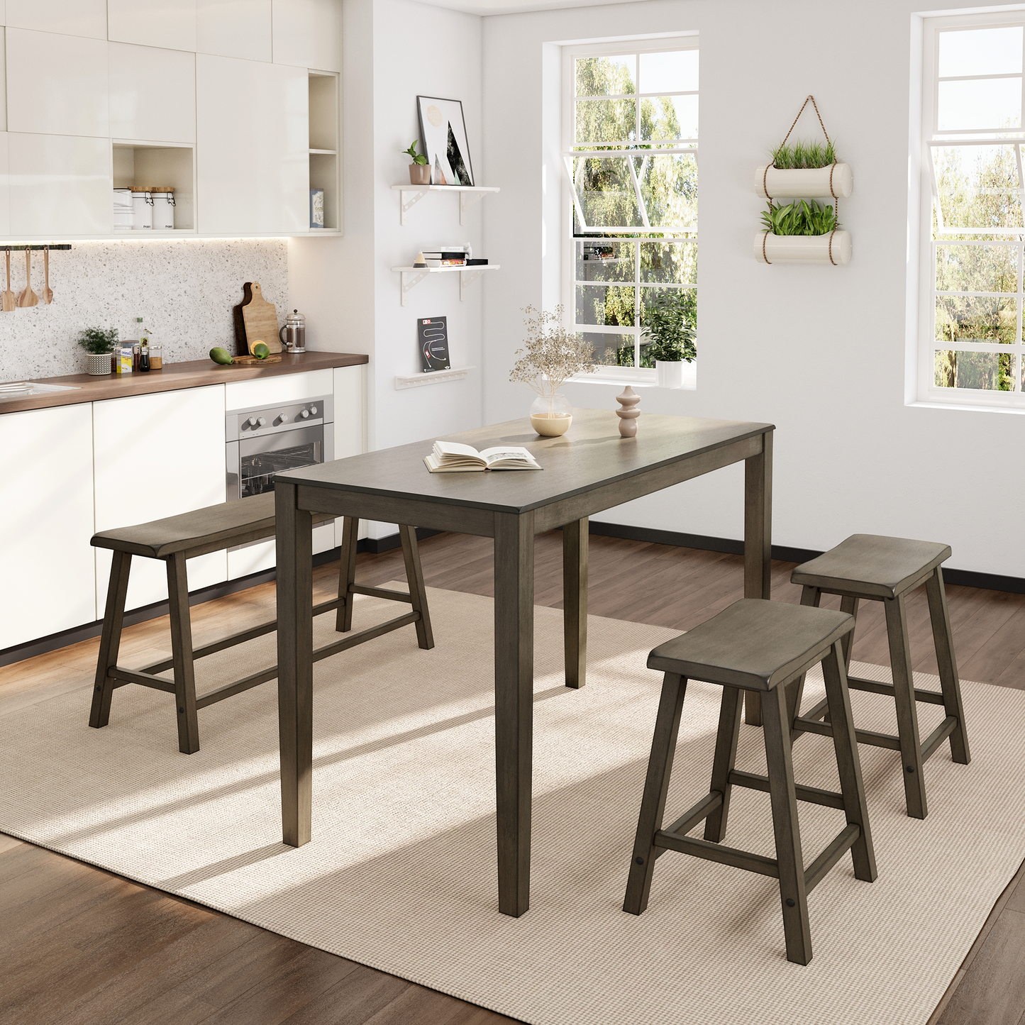 Captiva Designs 4 Piece Wood Dining Table Set with Rectangular Dining Table & Stools & Bench