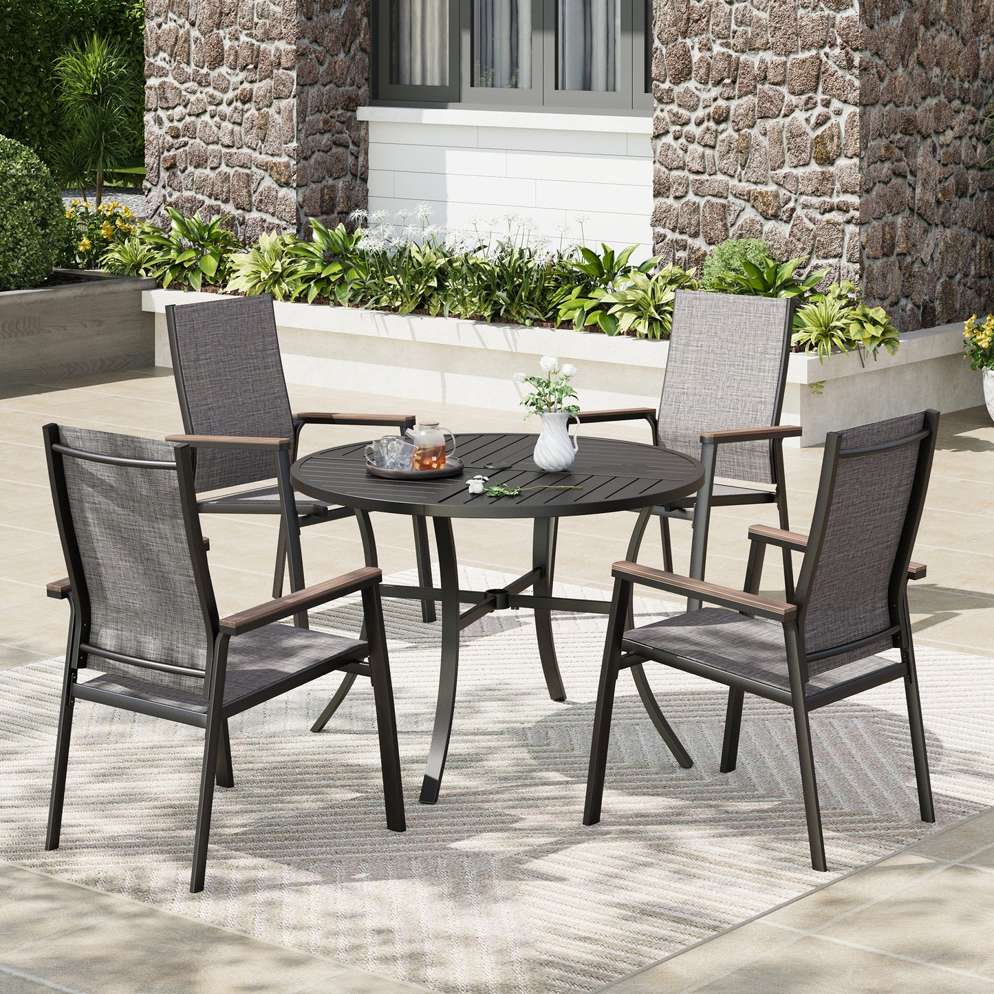 Captiva Designs 5pc Patio Steel Dining Table & Textilene Chairs with Wood-like Armrests