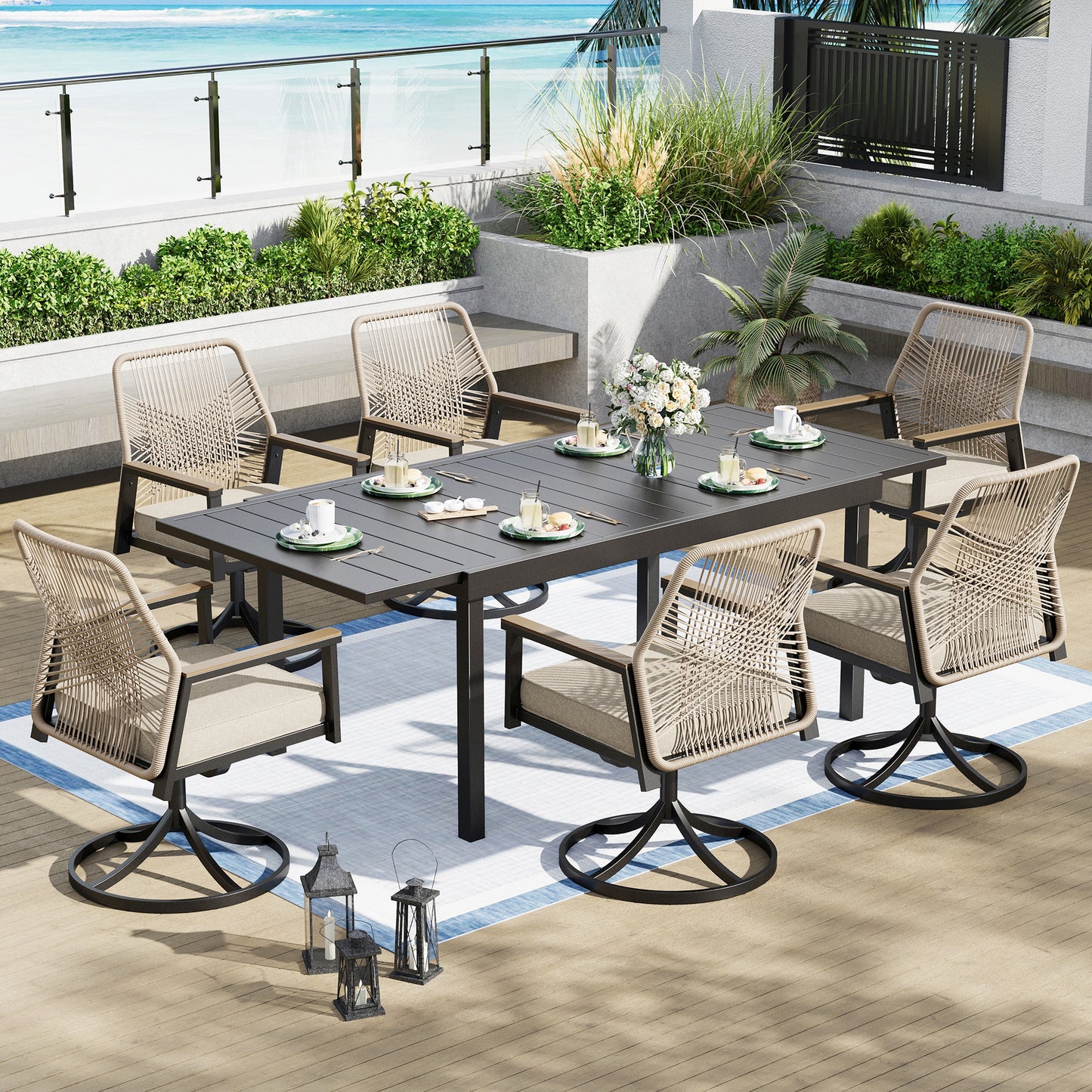 Captiva Designs 7pc Patio Dining Slat-top Steel Table & Beige Rattan Chairs with Cushion