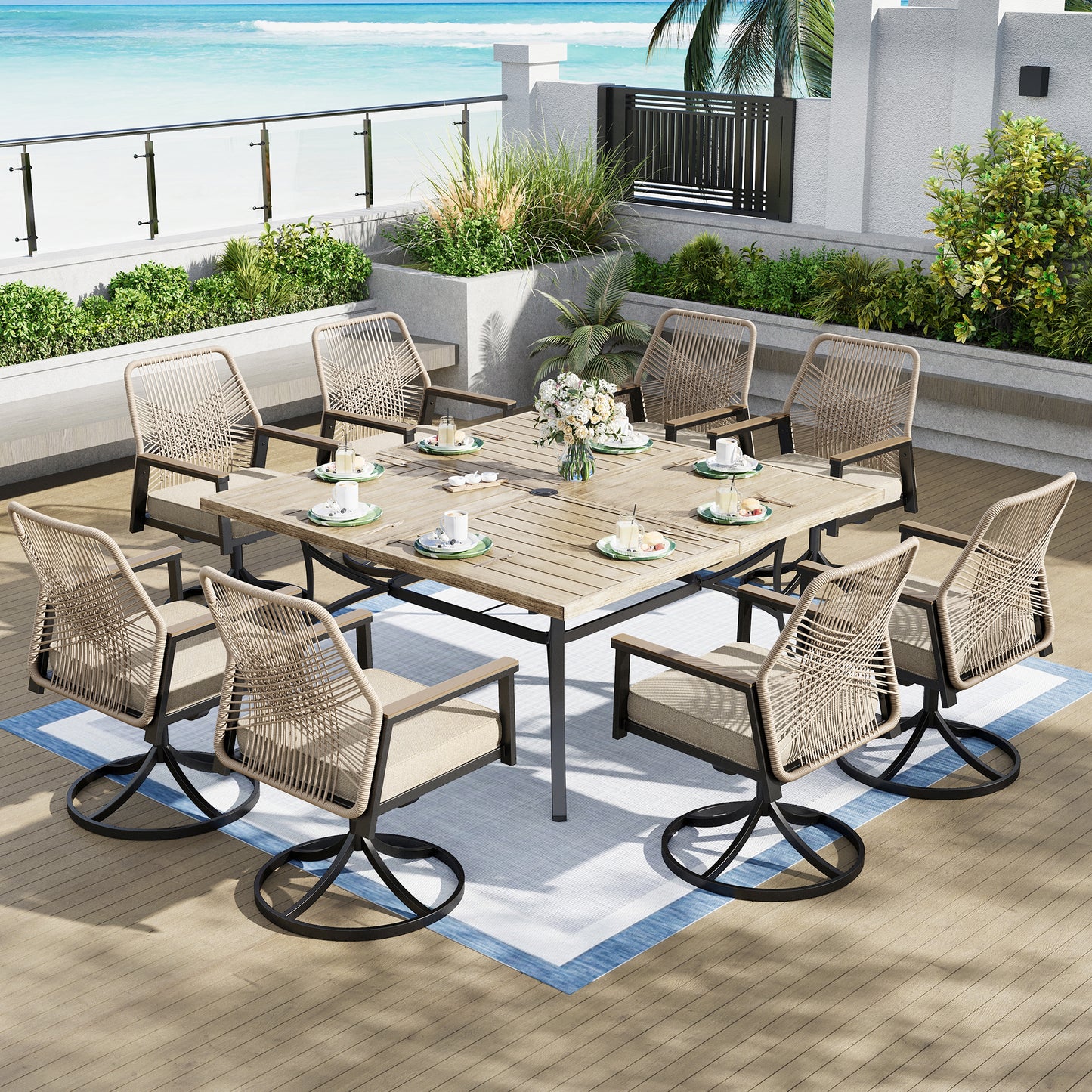 Captiva Designs 9pc Patio Dining Set with Spacious Slat-top Square Metal Table & Beige Rattan Chairs