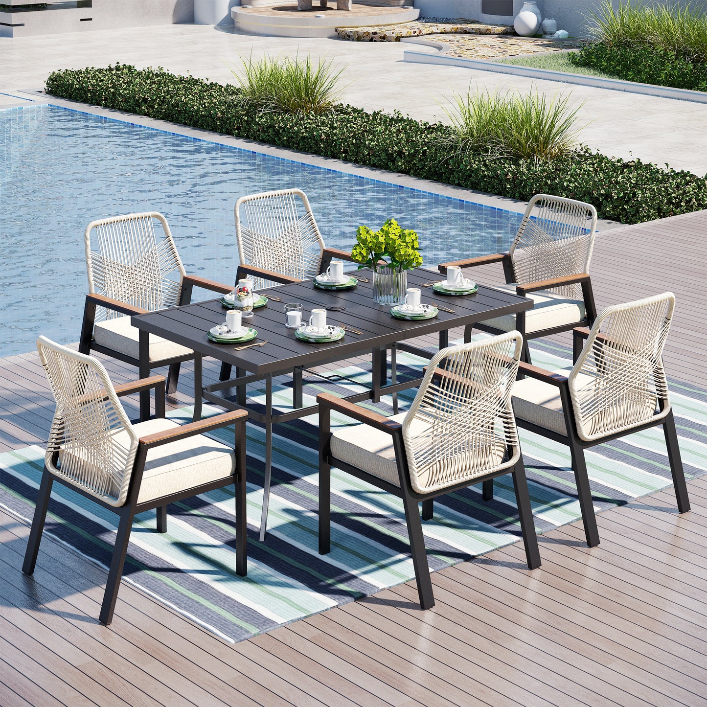 Captiva Designs 7 件套露台餐厅板顶可调节钢制长方形桌子和米色藤椅