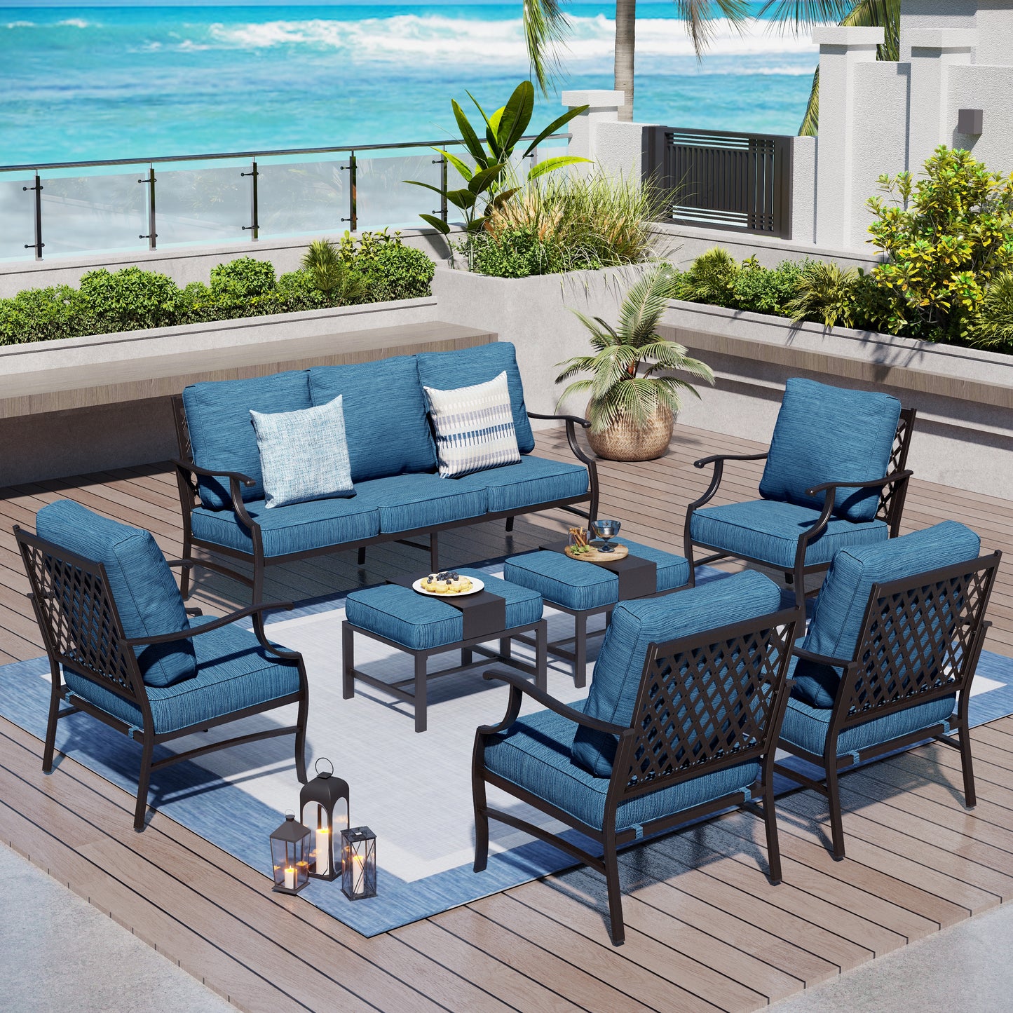 Captiva Designs 7pc Metal Patio Outdoor Conversation Set with Grid-back Armchairs, Ottomans for Garden, Poolside, Backyard