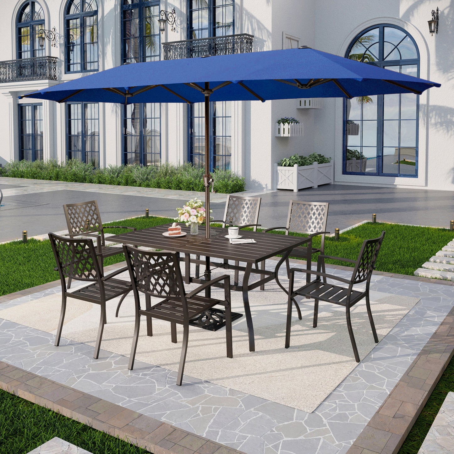 Captiva Designs 8pc Outdoor Slat-top Rectangle Steel Dining Table & Metal Stackable Chairs & 13ft Blue Umbrella