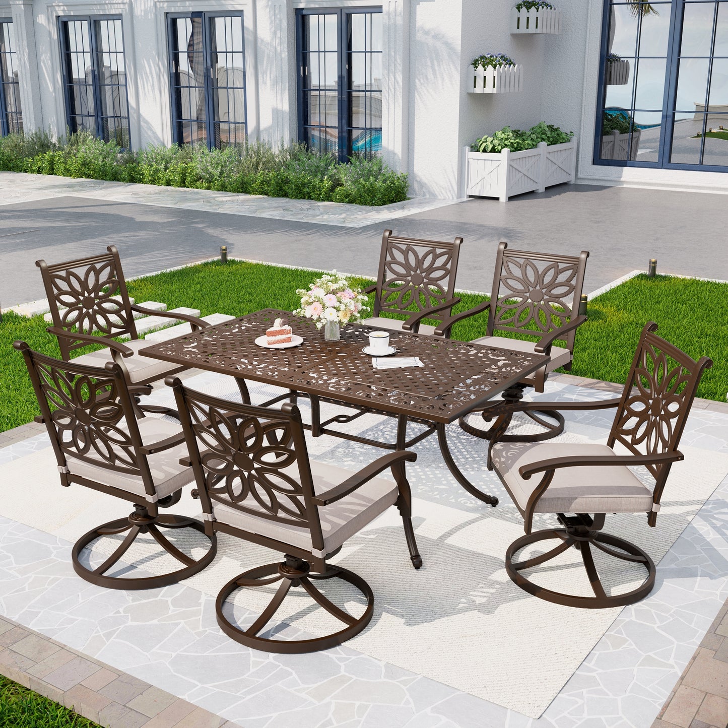 Captiva Designs 7PC Cast Aluminum Patio Dining Set with Rectangle Table & Flower Back Chairs