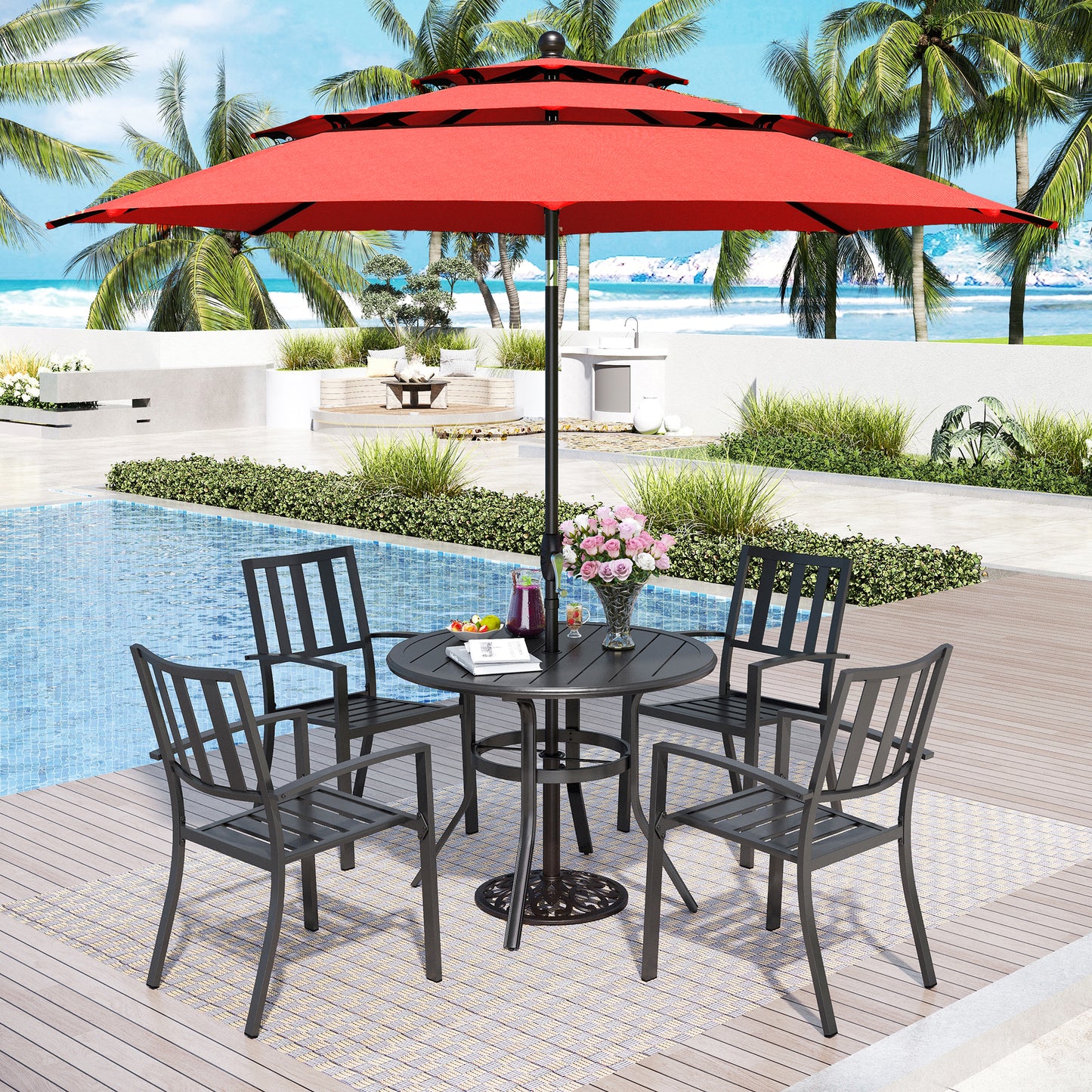 Captiva Designs 6pc Patio Round Dining Table & Stackable Fixed Chairs & 10ft 3 Tier Auto-tilt Umbrella