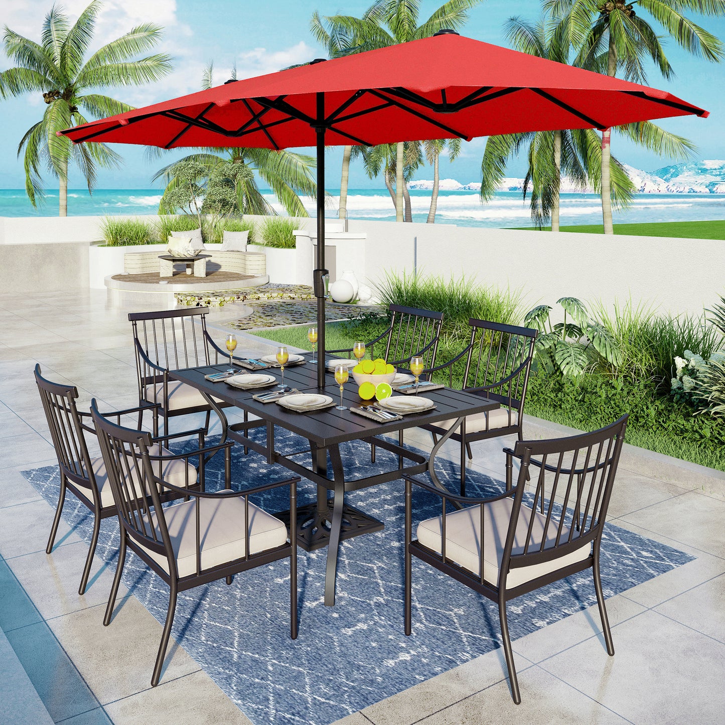 Captiva Designs 8pc Patio Dining Black Rectangular Table & Stylish Metal Chairs & Market Umbrella