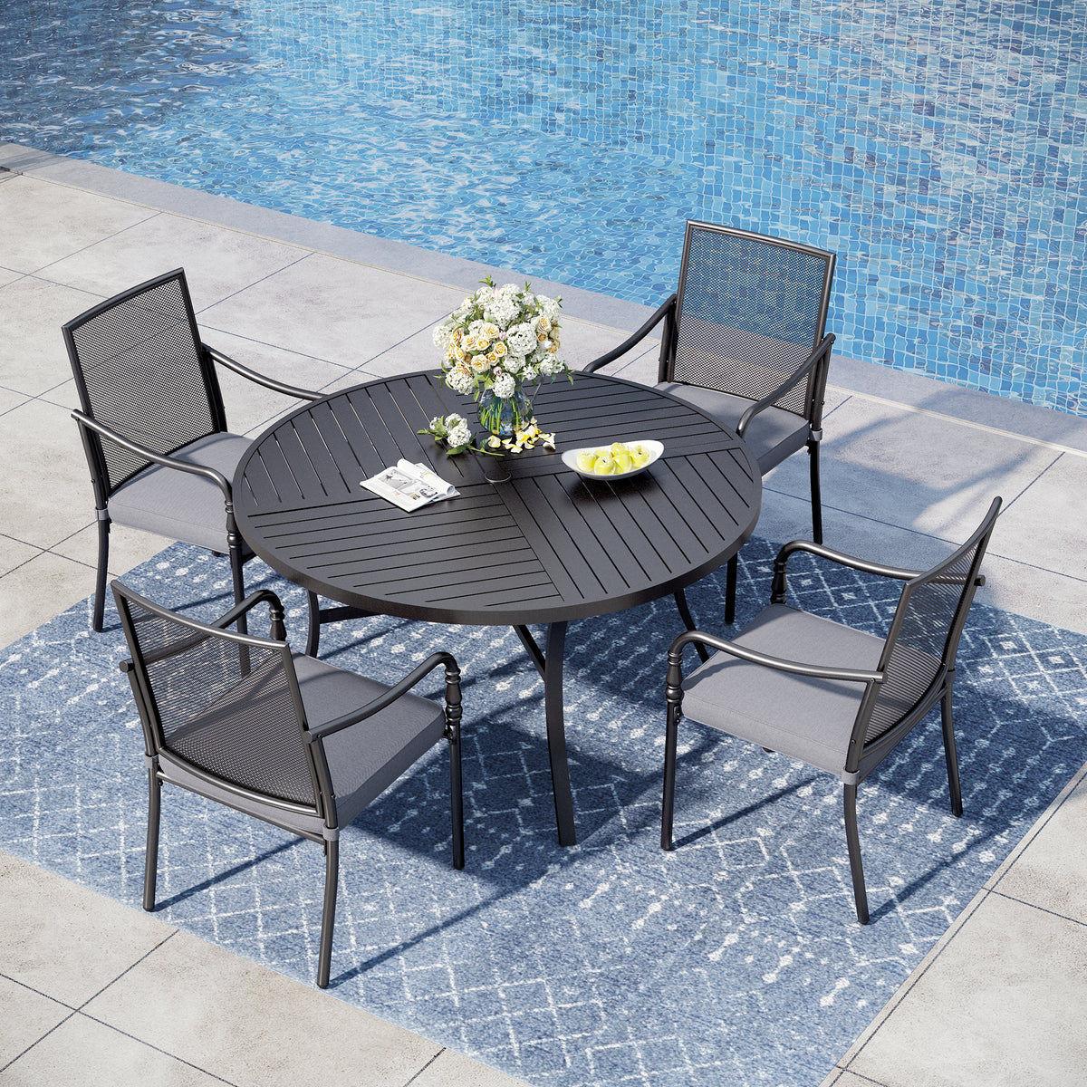 Captiva Designs 5pc Patio Dining Steel Table with Umbrella Hole & Metal Chairs with Cushions