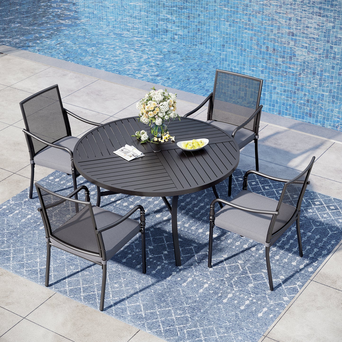 Captiva Designs Outdoor Dining Steel Chairs with Thick Cushions and Gourd Head Armrests