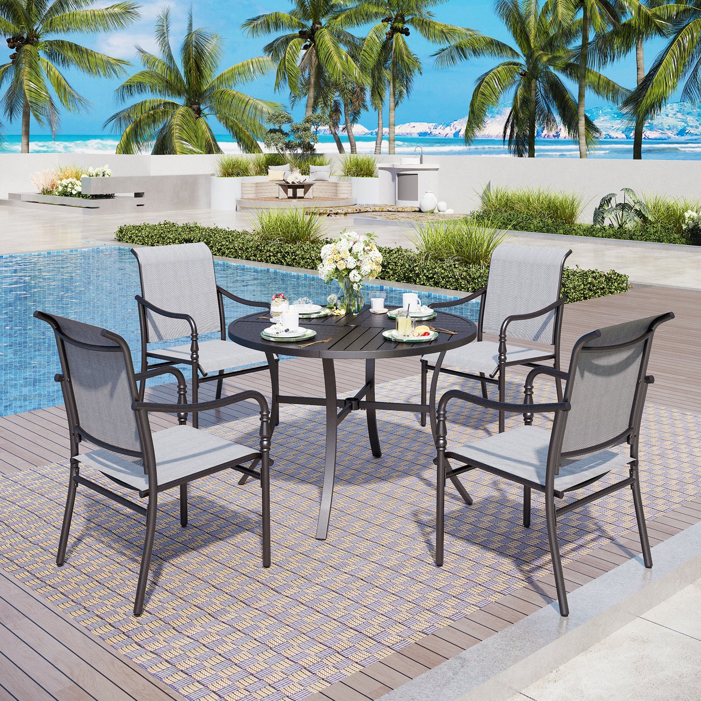 Captiva Designs 5pc Patio Dining Steel Dining Table with Umbrella Hole & Gray Textilene Arm Chairs