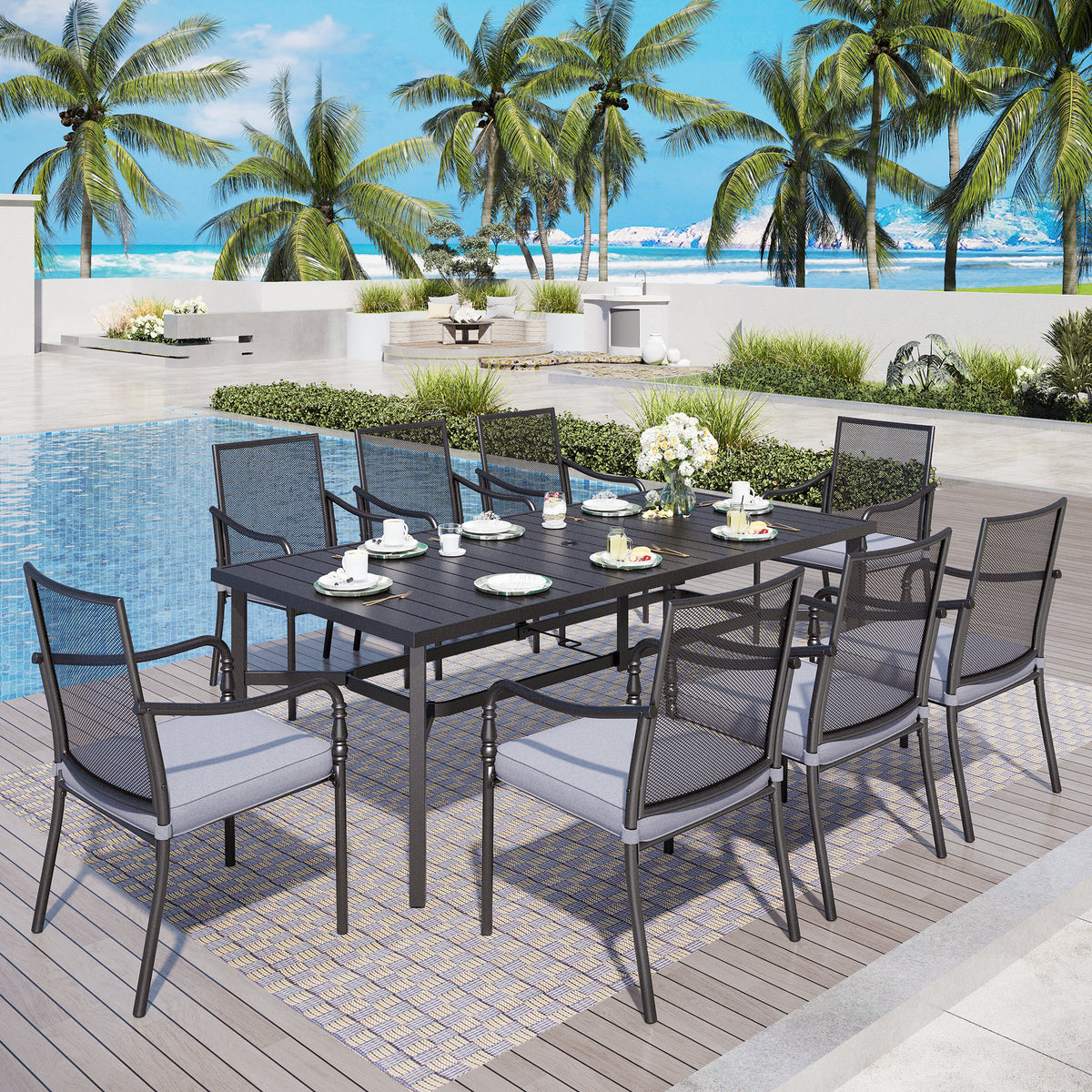 Captiva Designs 9pc Spacious Slat-top Rectangle Metal Table with Umbrella Hole & Fixed Steel Chairs with Gourd Head Armrests