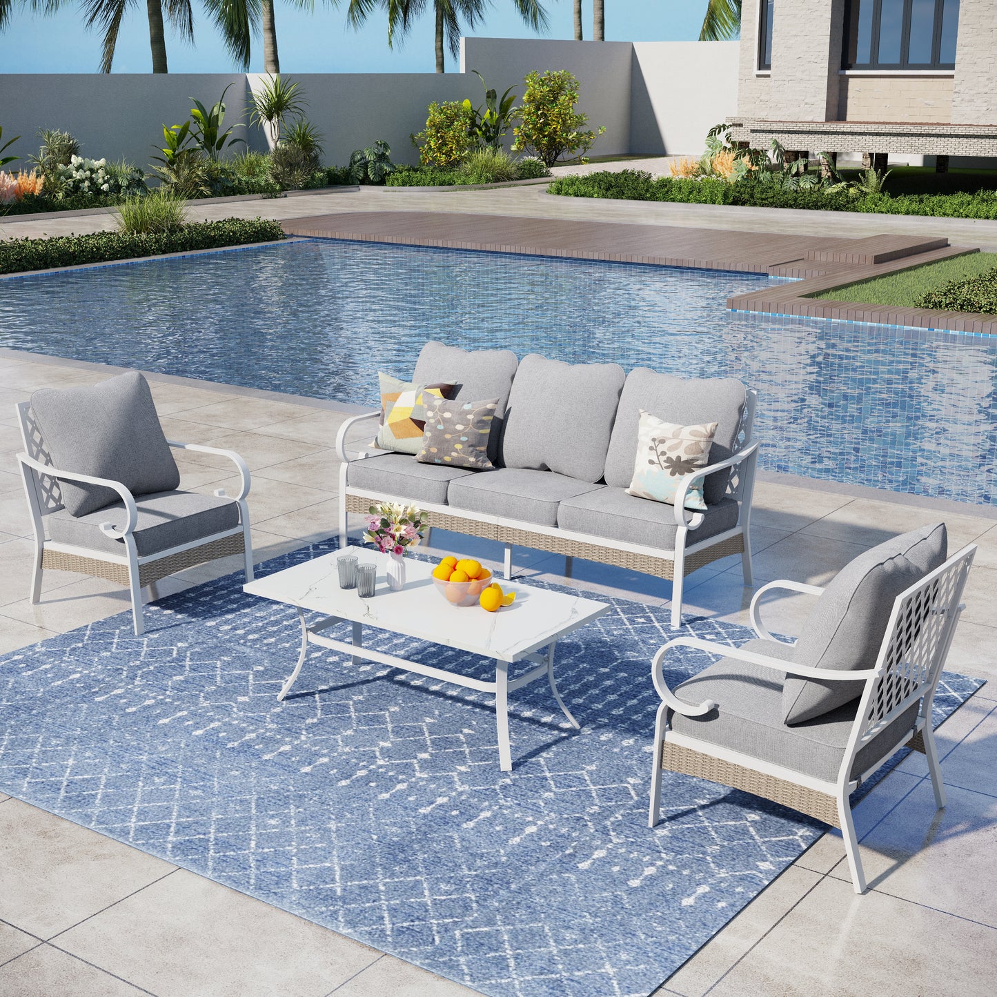 Captiva Designs 4pc Extra Large Metal and Rattan Outdoor Patio Conversation Set with Grid-back Armchairs and Table