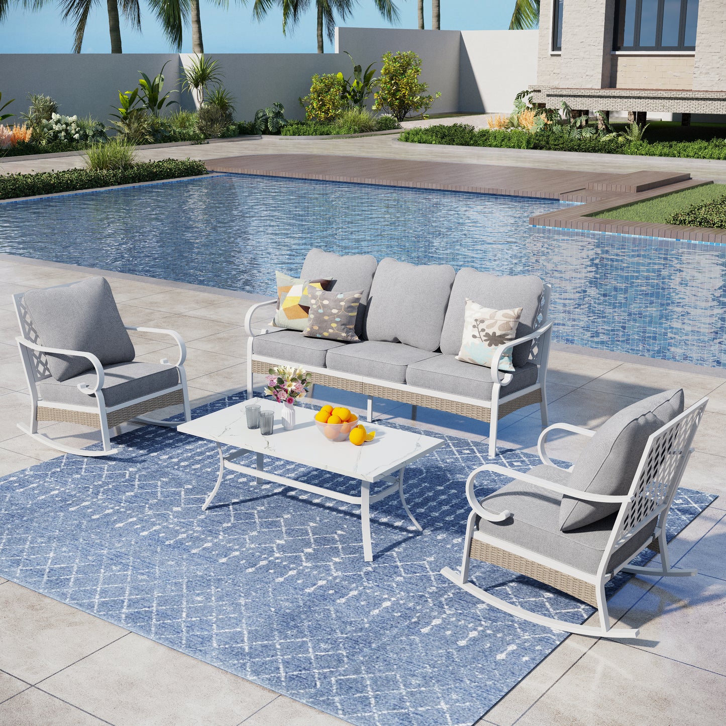Captiva Designs 4pc Extra Large Metal and Rattan Outdoor Patio Conversation Set with Rocking Grid-back Chairs and Table