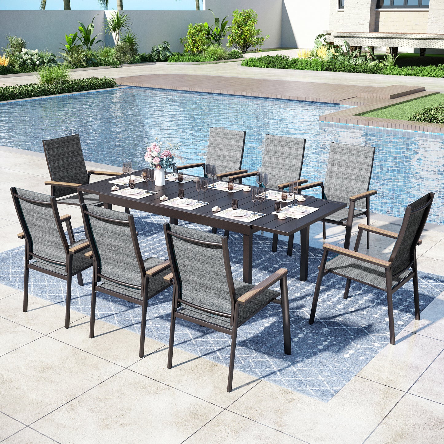 Captiva Designs 9pc Patio Dining Set with Slat-top Steel Rectangle Table & Textilene Aluminum Chairs