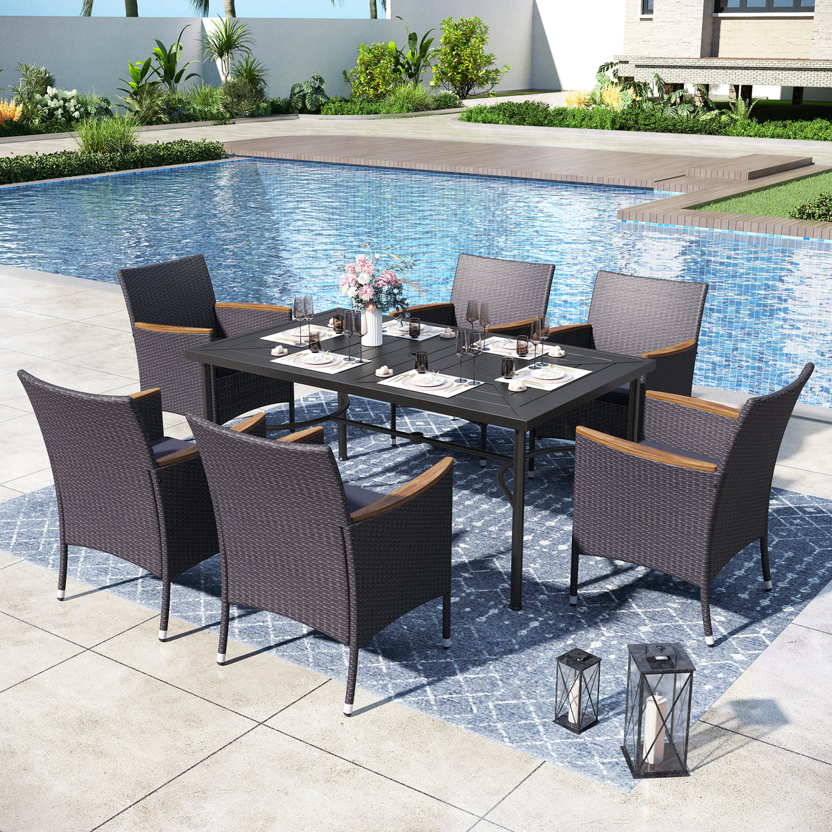 Captiva Designs 7pc Outdoor Patio Slat-top Dining Steel Table & Rattan Chairs with Removable Cushions