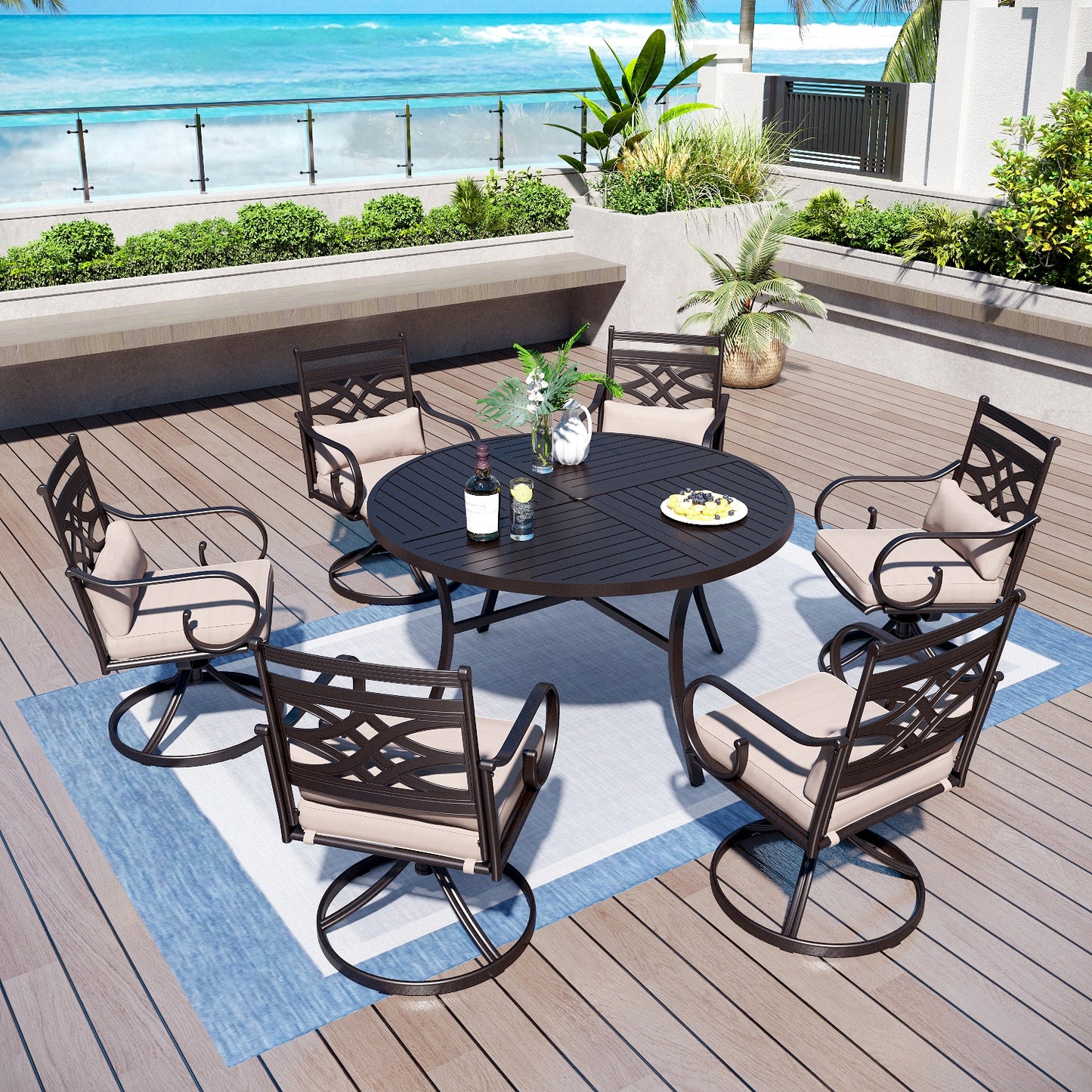 Captiva Designs 7pc Patio Steel Rectangle Dining Table with Umbrella Hole & Metal Chairs with Seat Cushions and Waist Pillows