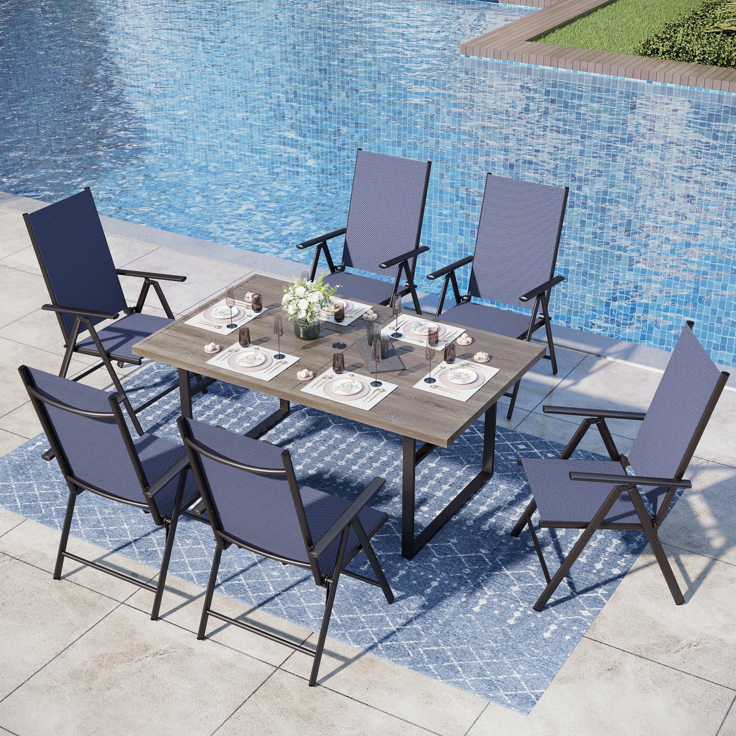 Captiva Designs 7pc Patio Wood-look Metal Table with Umbrella Hole & Textilene Reclining Foldable Chairs