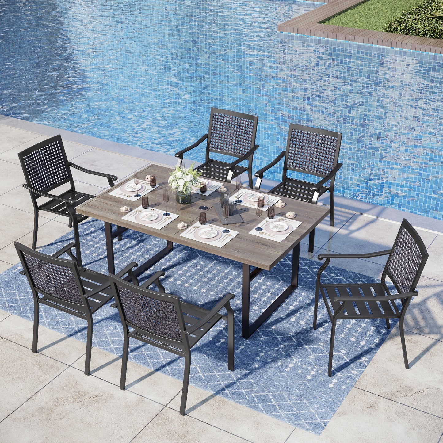 Captiva Designs 7pc Patio Dining Steel Wood-look Table with Umbrella Hole & Stackable Chairs with Bull's Eye Pattern